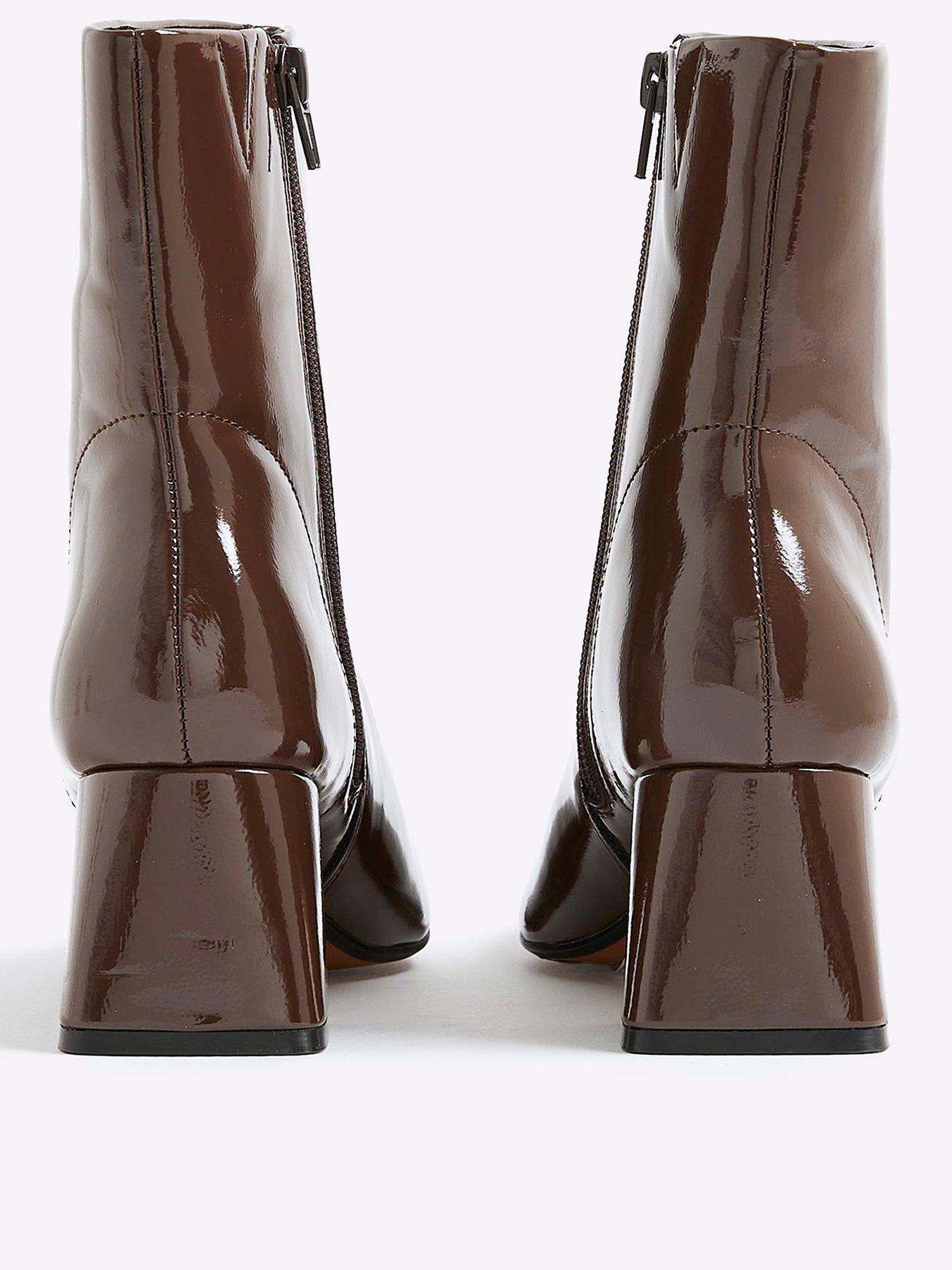 Image 3 of 5 of River Island Patent Block Heel Ankle Boots - Brown