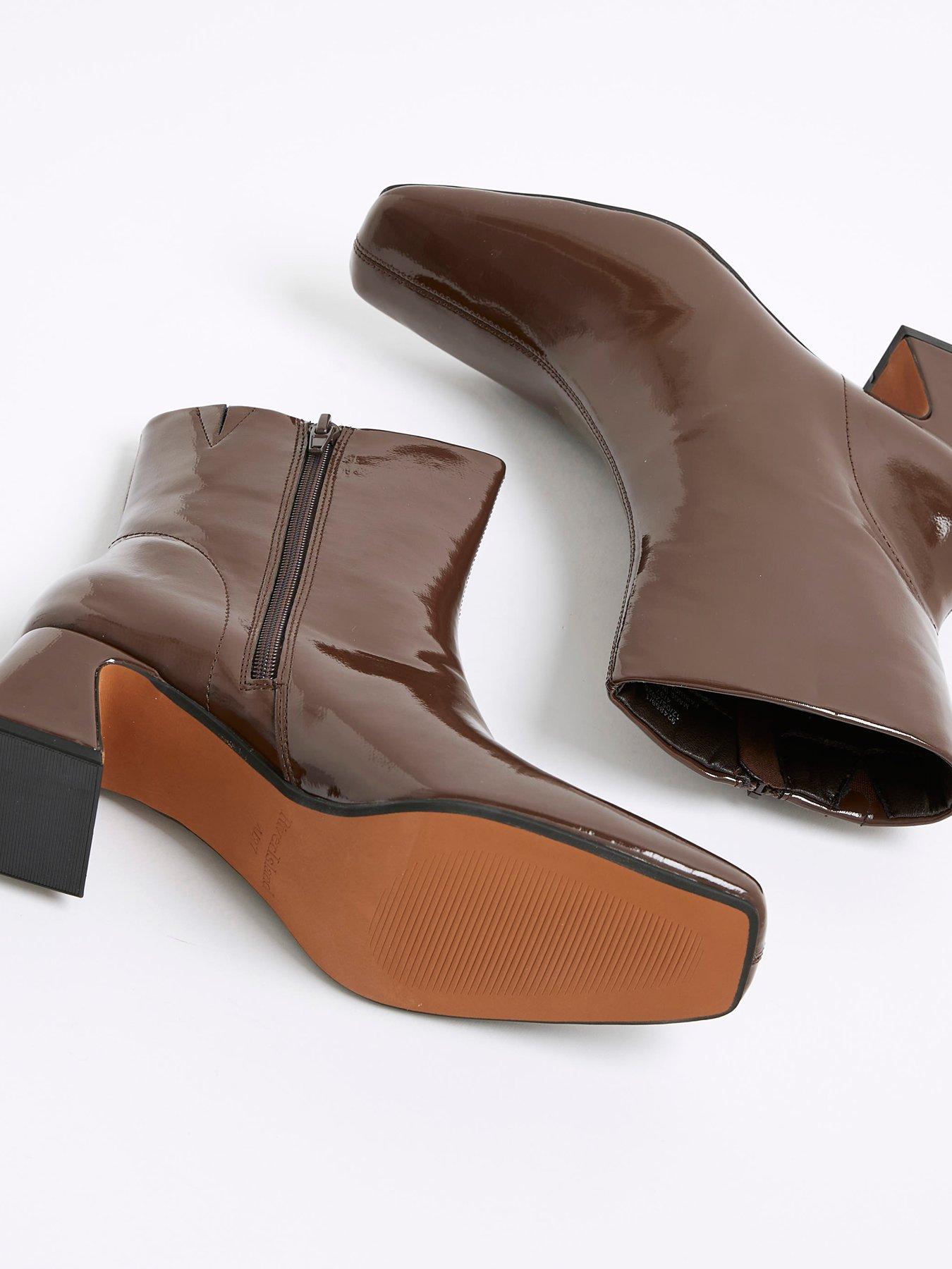 Image 5 of 5 of River Island Patent Block Heel Ankle Boots - Brown