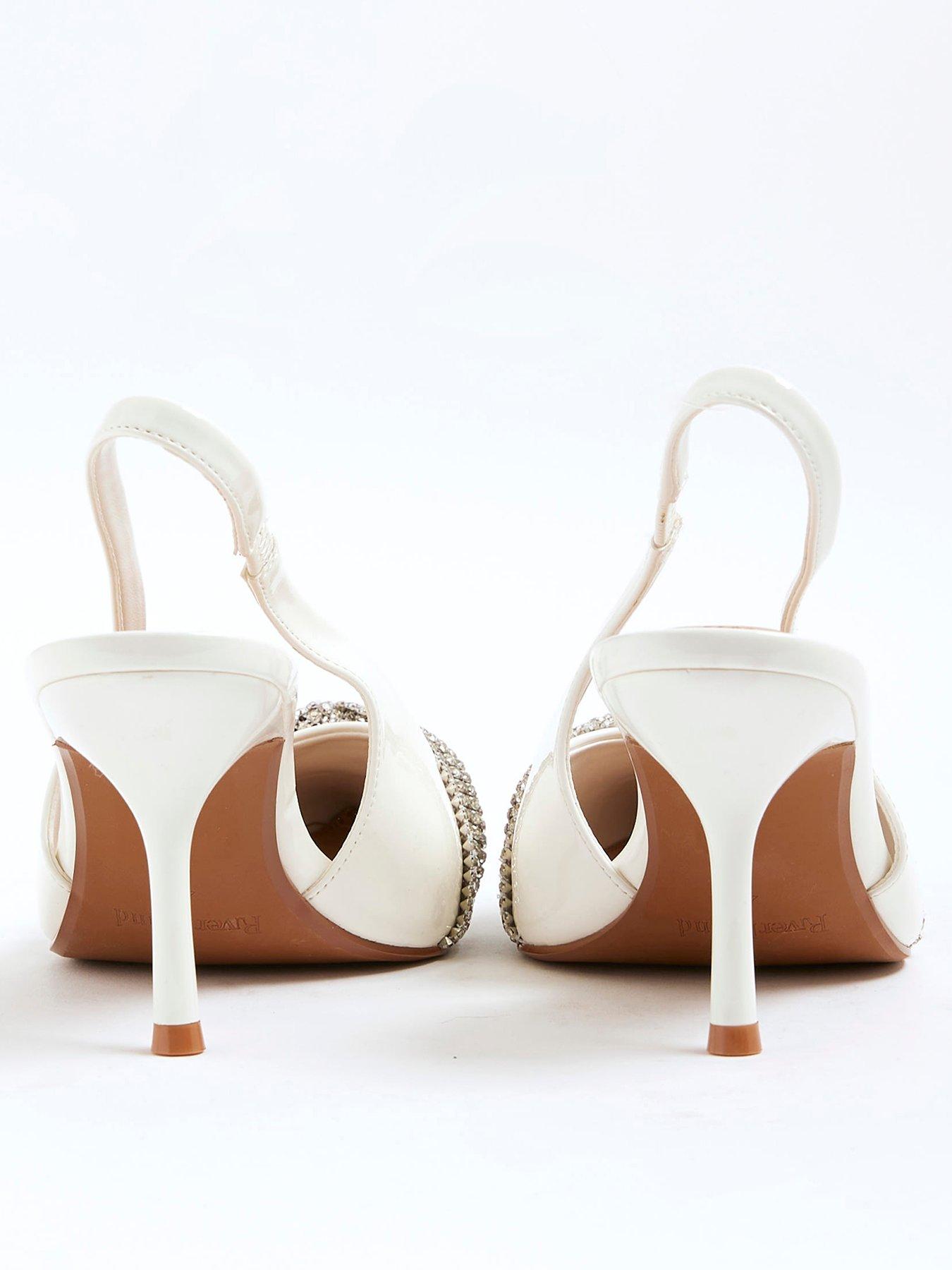 Image 3 of 5 of River Island Diamante Trim Sling Back Heels - White