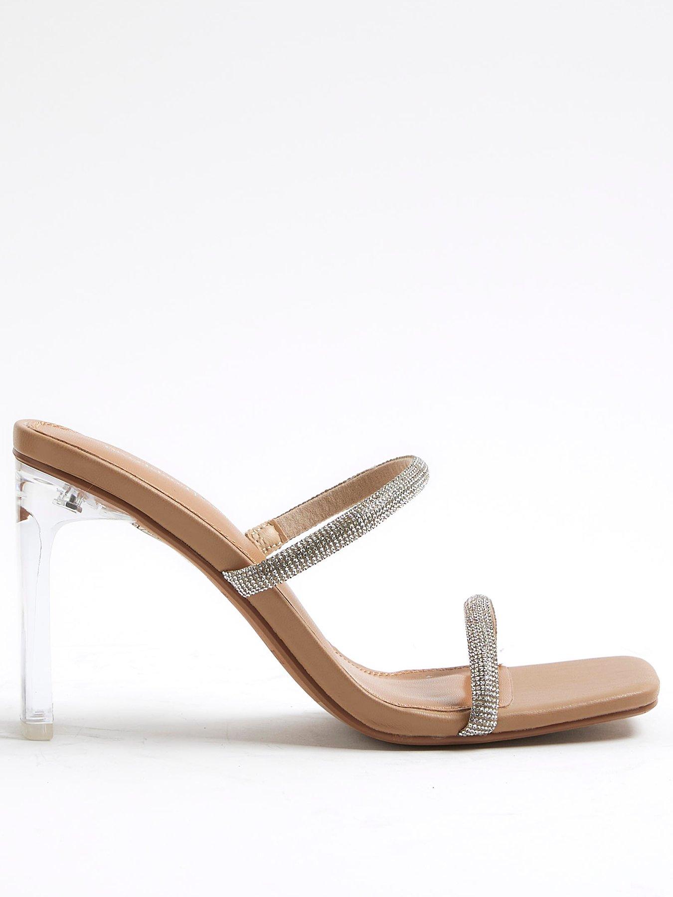 undefined Wide Fit Diamante Strap Heeled Sandals - Beige