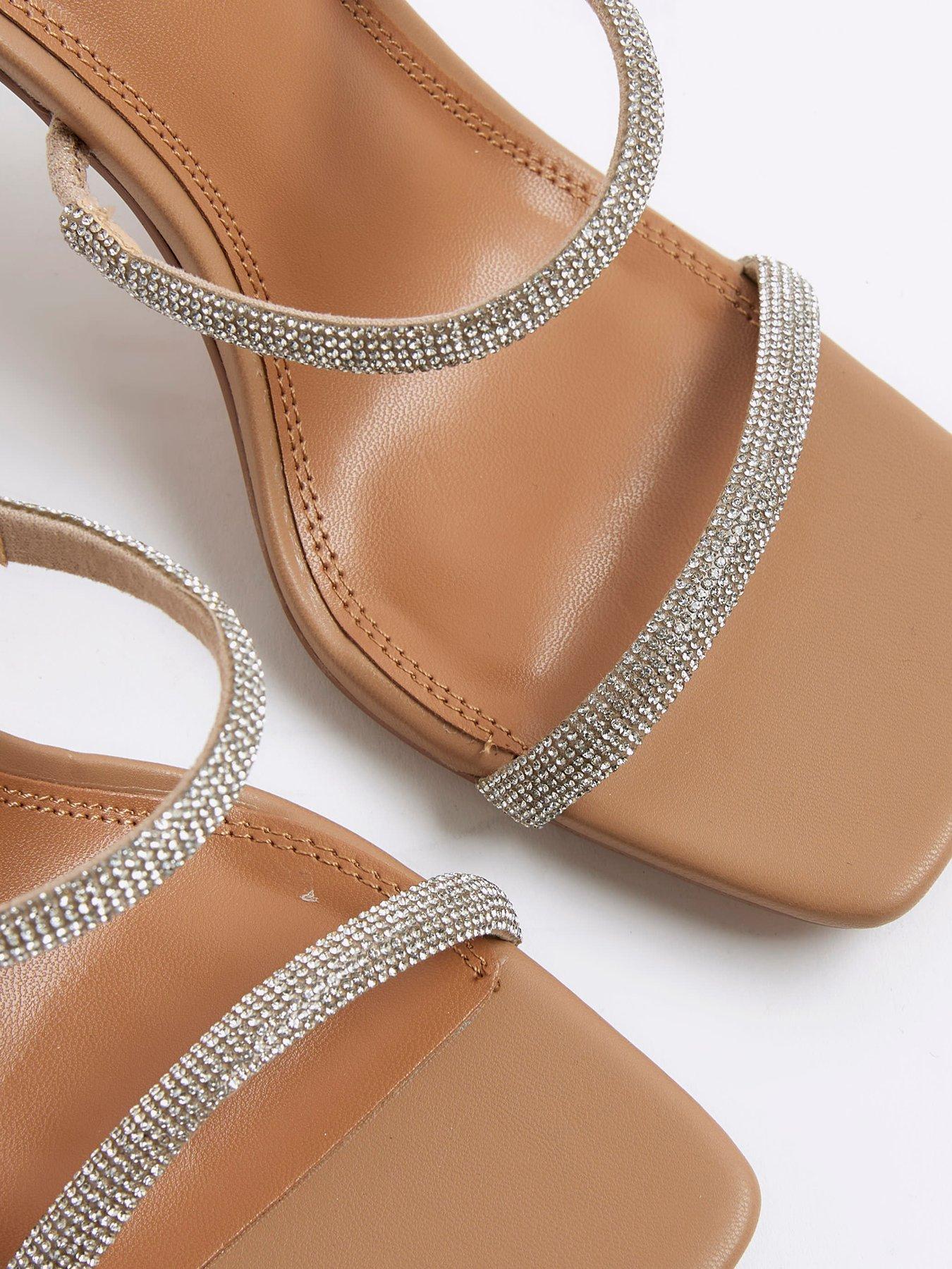 Image 5 of 5 of River Island Wide Fit Diamante Strap Heeled Sandals - Beige