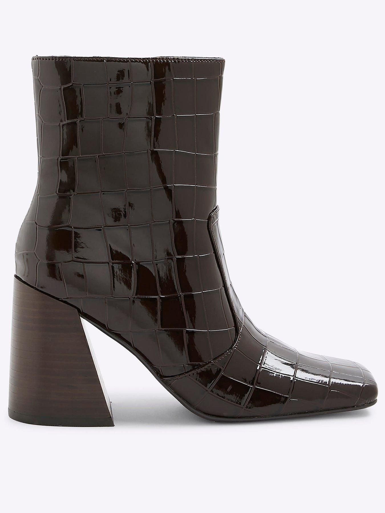 undefined Croc Texture Flared Block Heel Boots - Brown