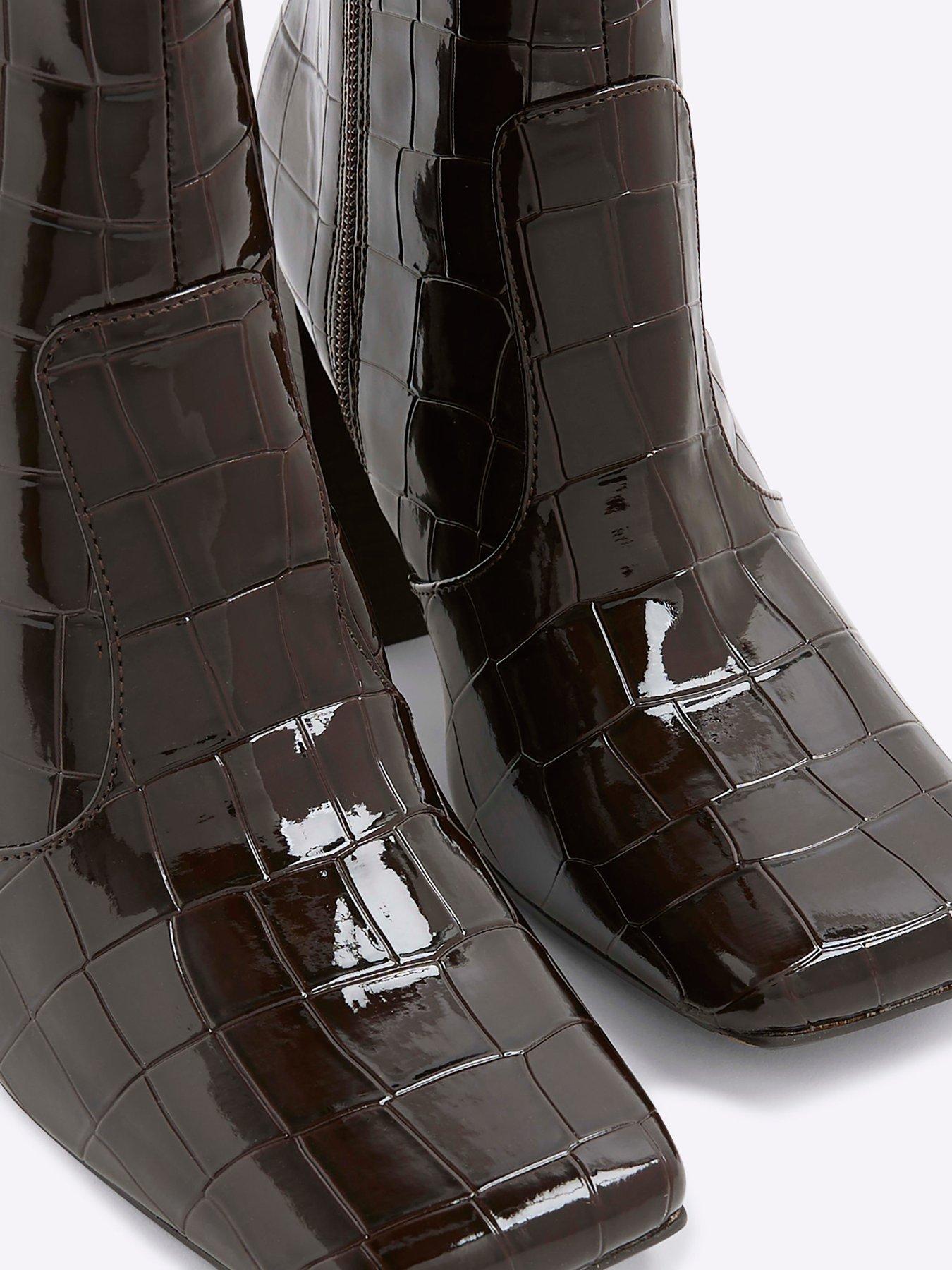 Image 5 of 5 of River Island Croc Texture Flared Block Heel Boots - Brown