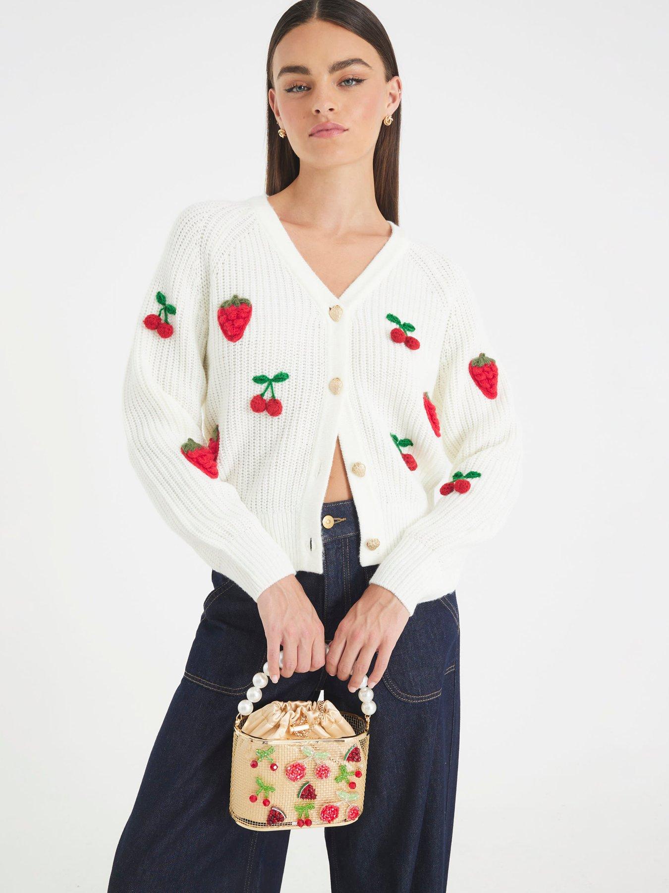 undefined Knitted Embroidered Strawberry Cardigan - Cream