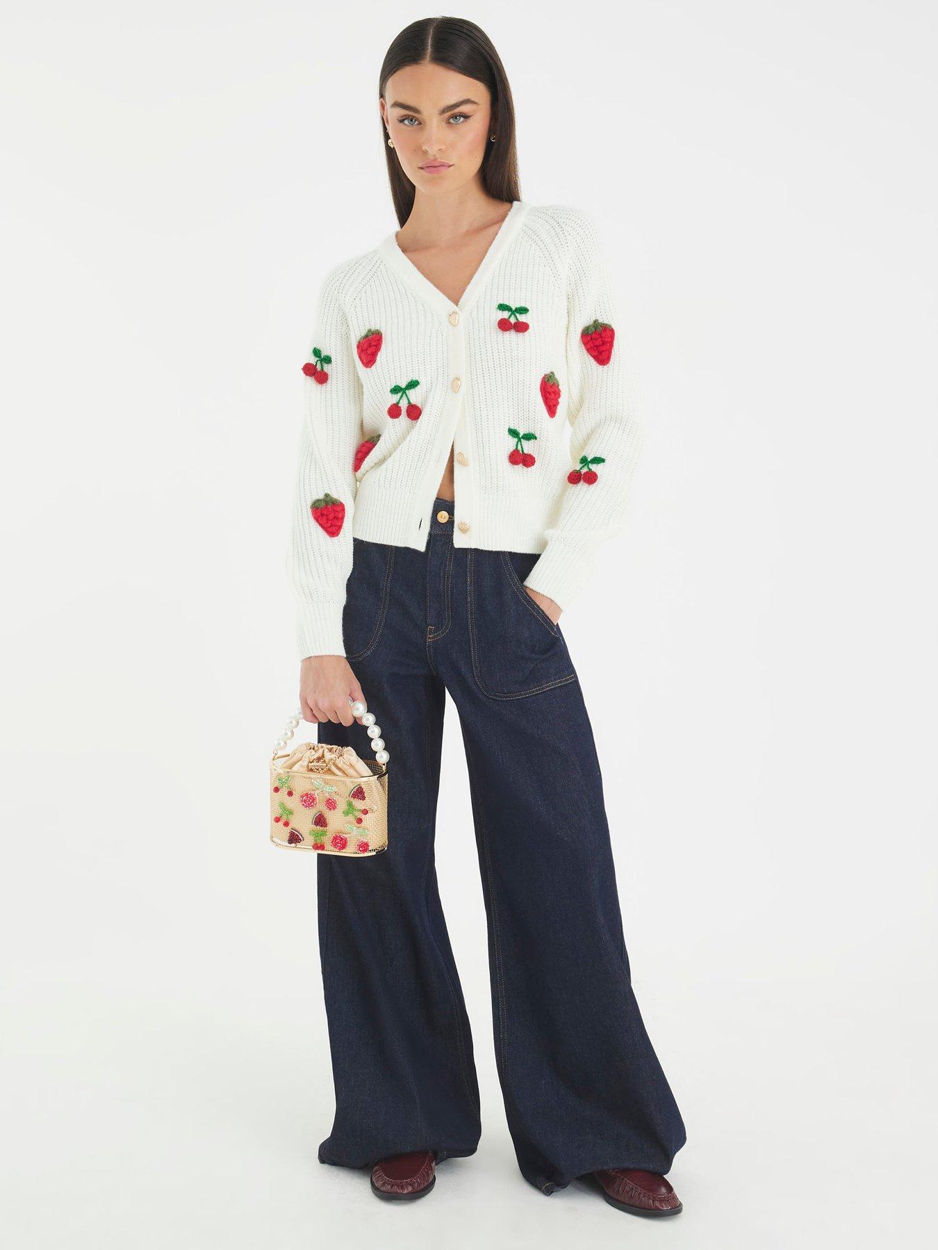 Image 3 of 4 of River Island Knitted Embroidered Strawberry Cardigan - Cream