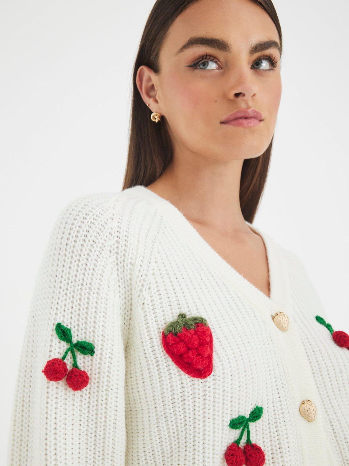 Image 4 of 4 of River Island Knitted Embroidered Strawberry Cardigan - Cream