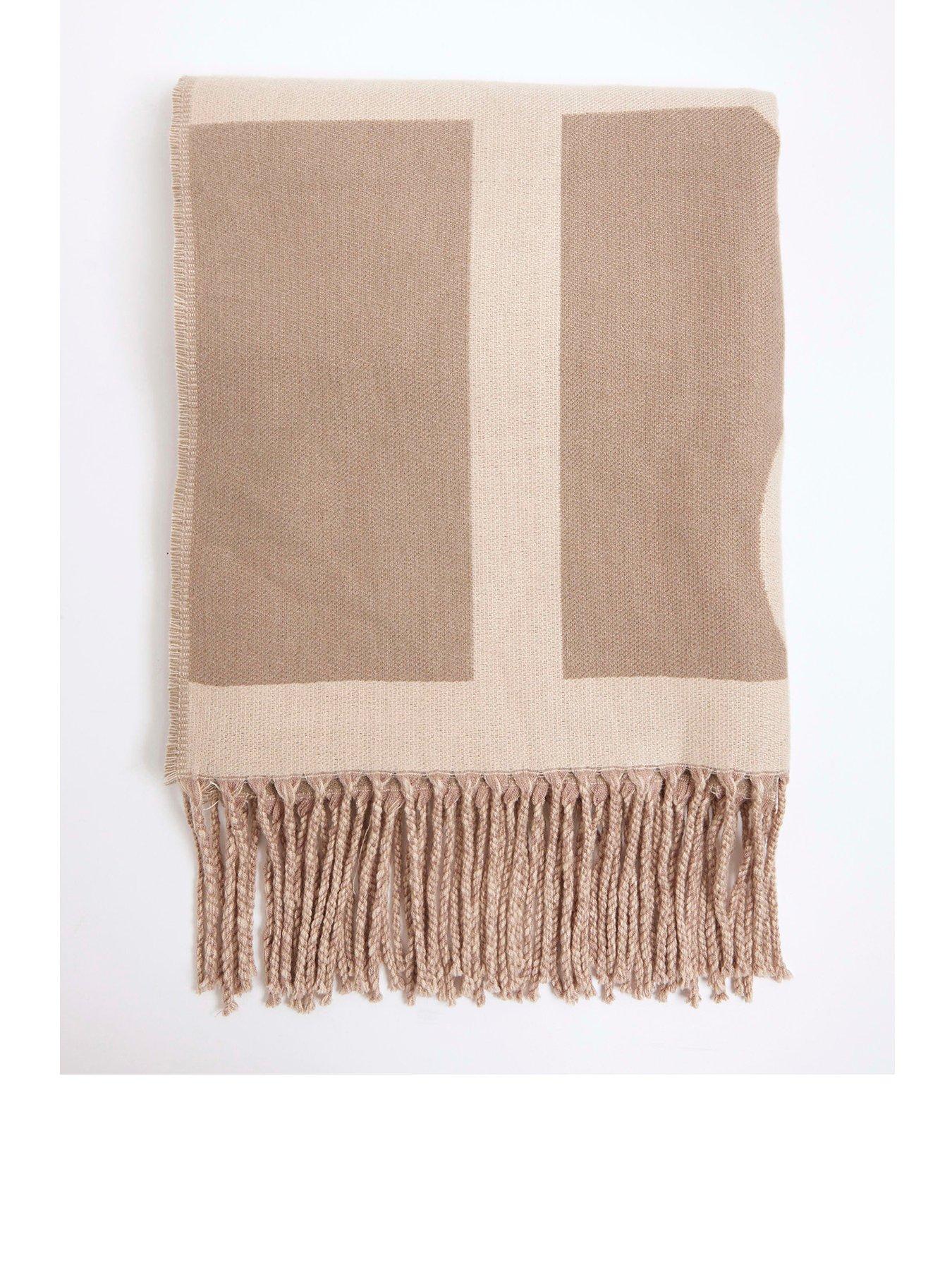 Image 1 of 4 of River Island Bold Monogram Print Fringed Scarf - Cream