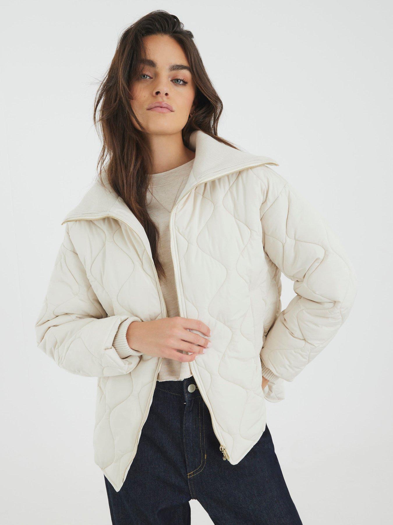undefined Ribbed Collar Quilted Jacket - Cream