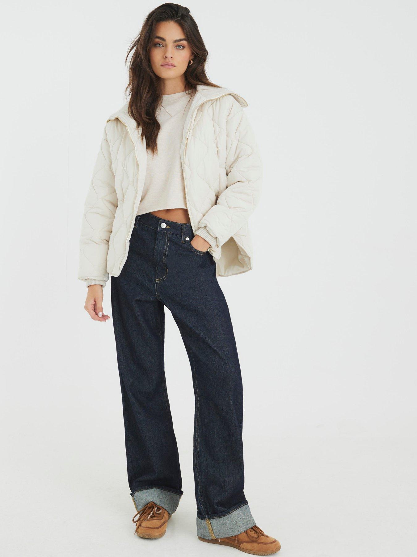 Image 3 of 4 of River Island Ribbed Collar Quilted Jacket - Cream
