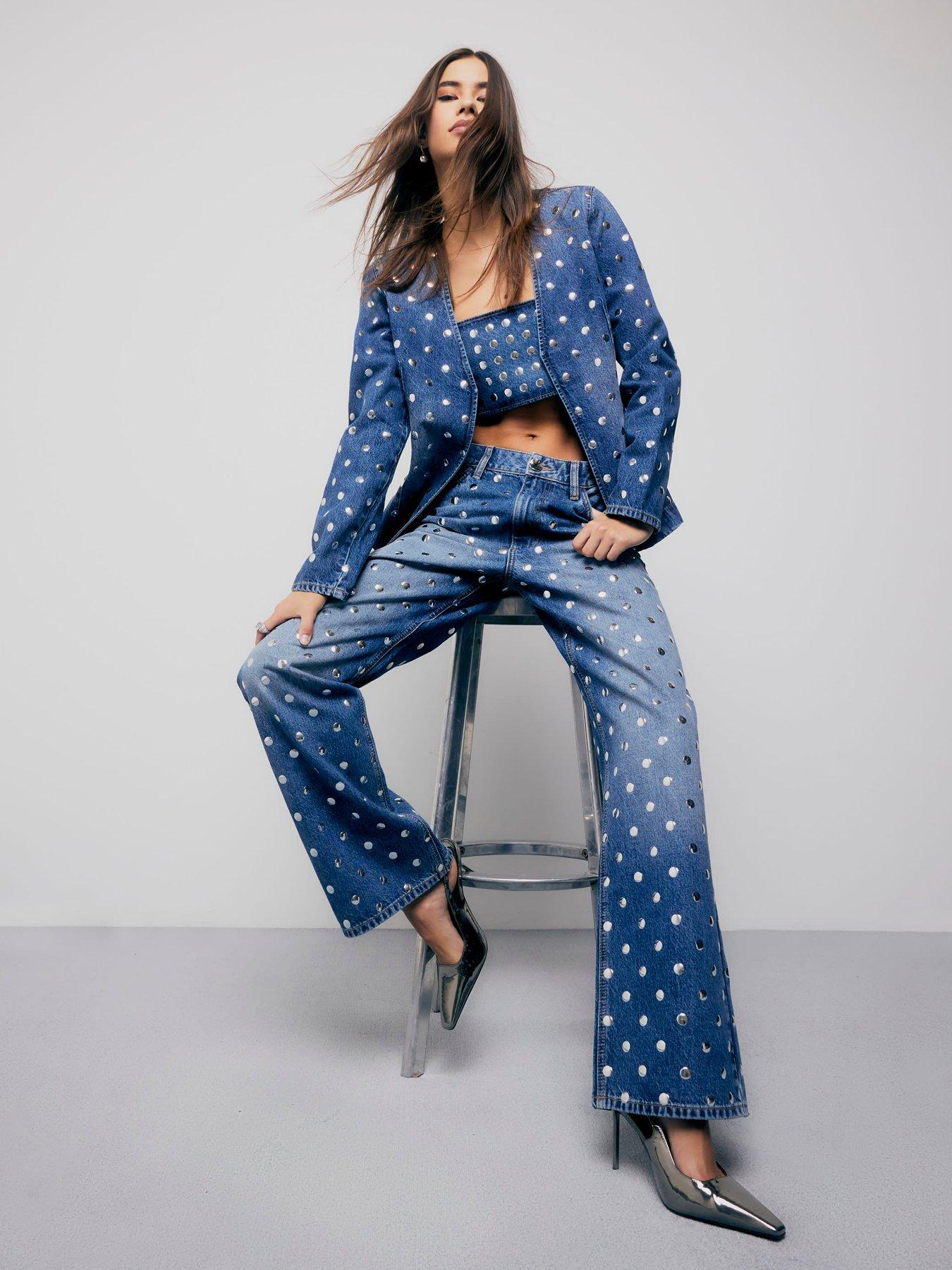 undefined Relaxed Straight Leg Studded Jeans - Blue