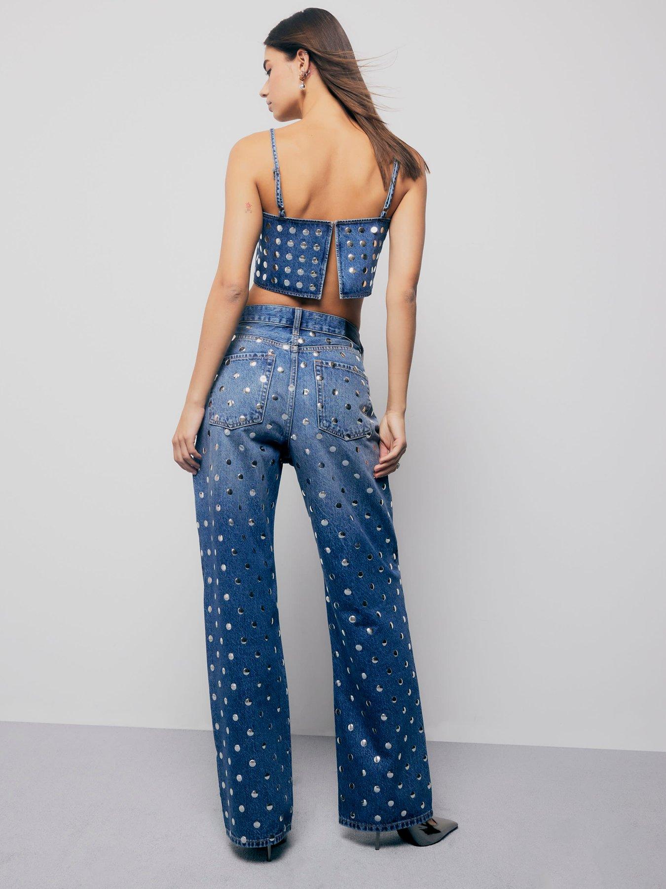 Image 2 of 5 of River Island Relaxed Straight Leg Studded Jeans - Blue