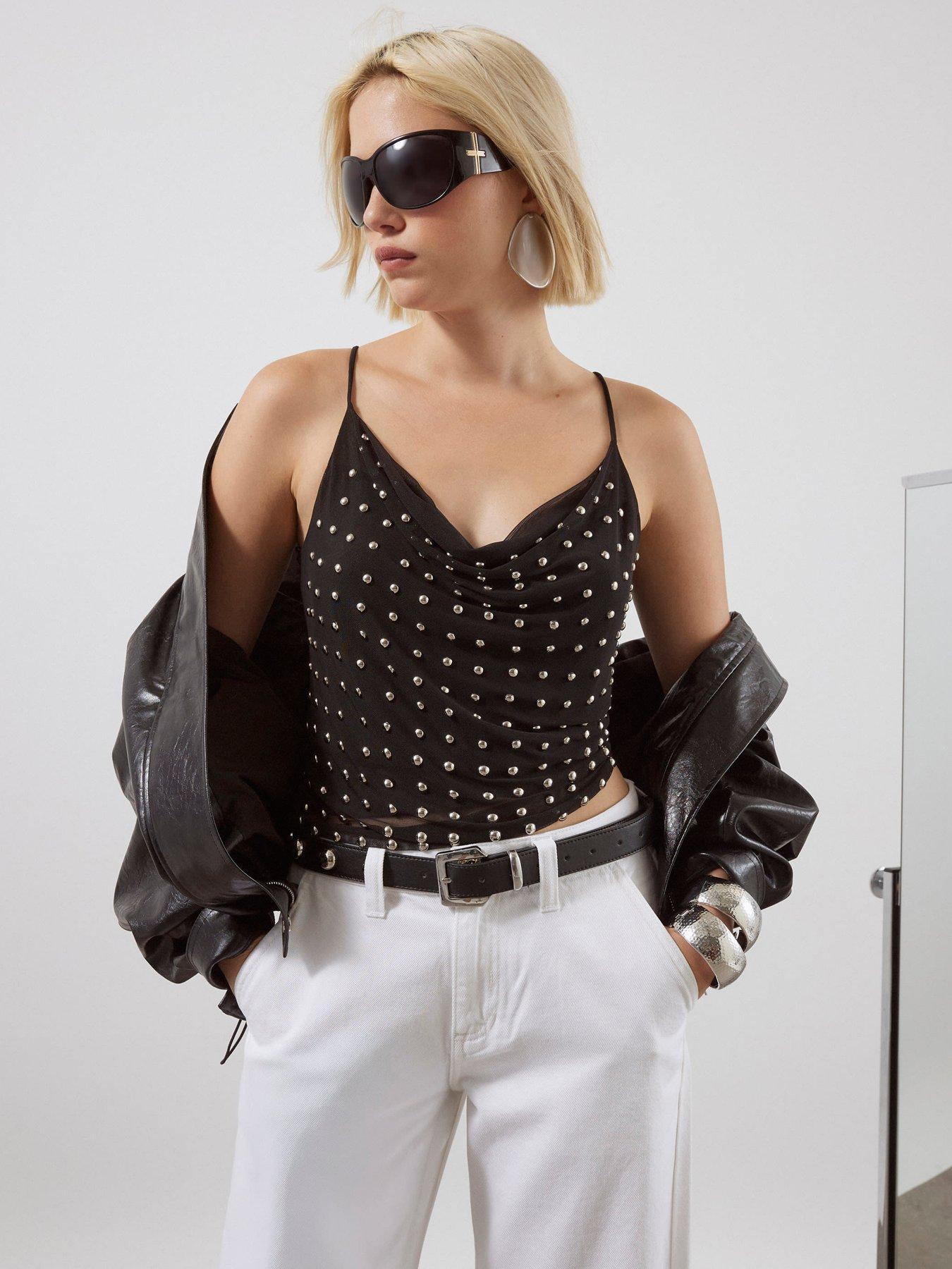 Image 4 of 4 of River Island Sleeveless Studded Cowl Neck Cami Top - Black