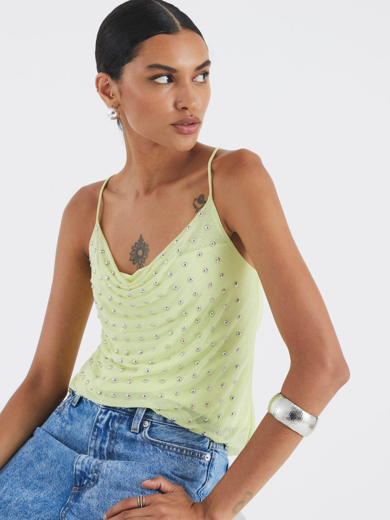 undefined Sleeveless Studded Cowl Neck Cami Top - Green