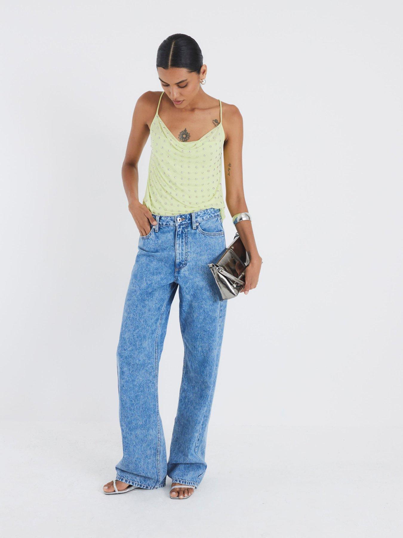 Image 3 of 4 of River Island Sleeveless Studded Cowl Neck Cami Top - Green