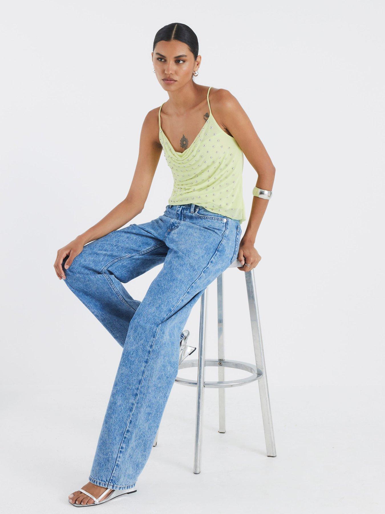 Image 4 of 4 of River Island Sleeveless Studded Cowl Neck Cami Top - Green