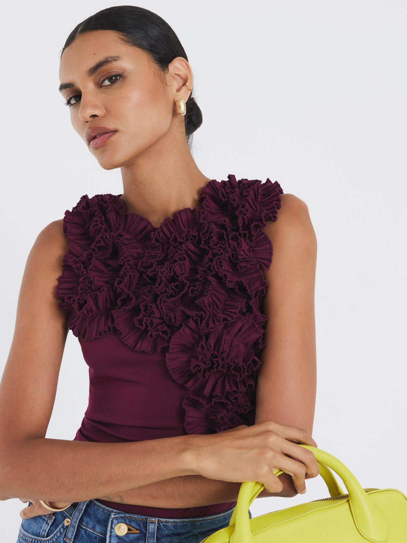 Image 3 of 4 of River Island Red Sleeveless Ruffle Bodysuit - Purple