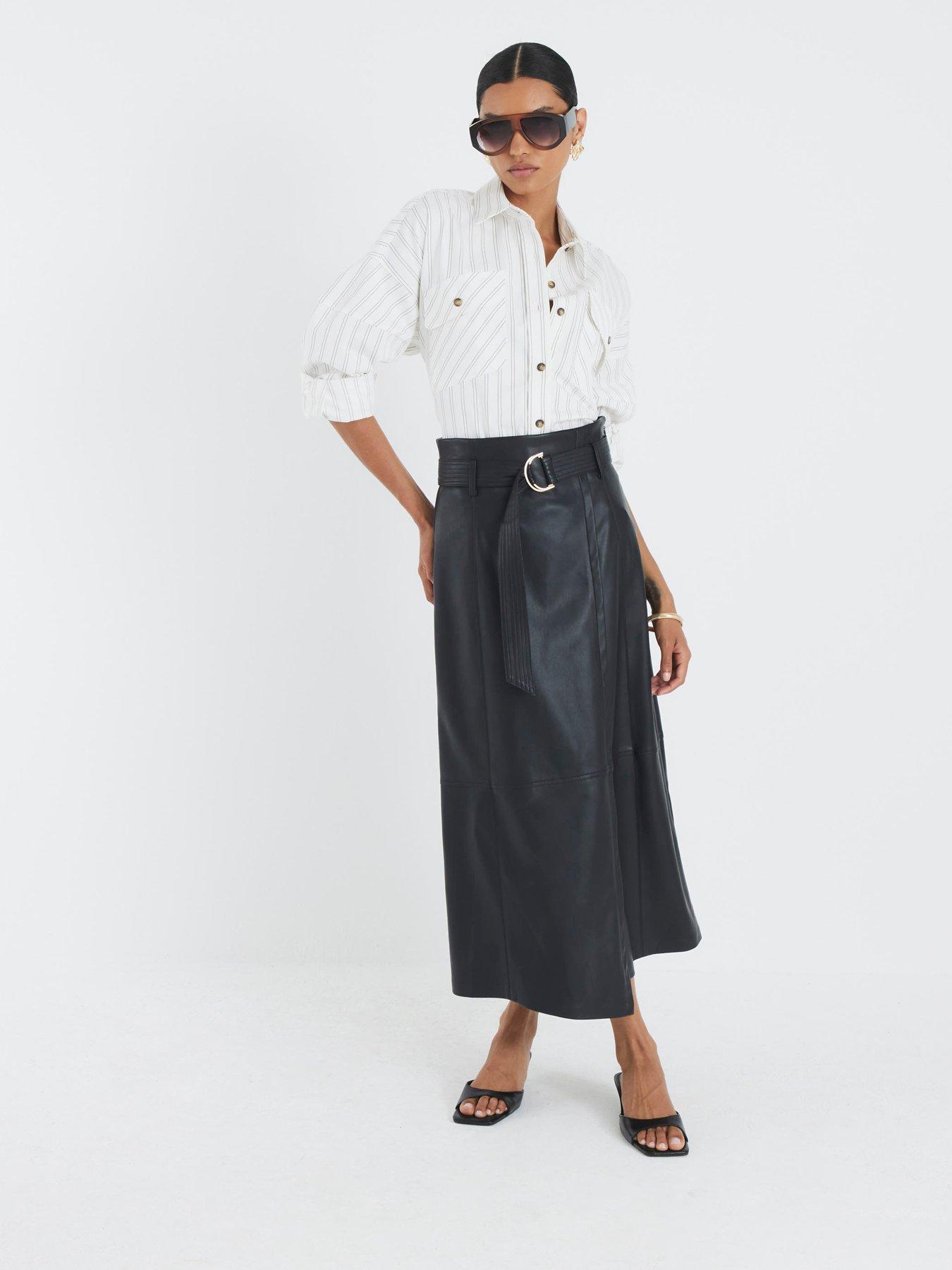 undefined Faux Leather Belted Wrap Midi Skirt - Black