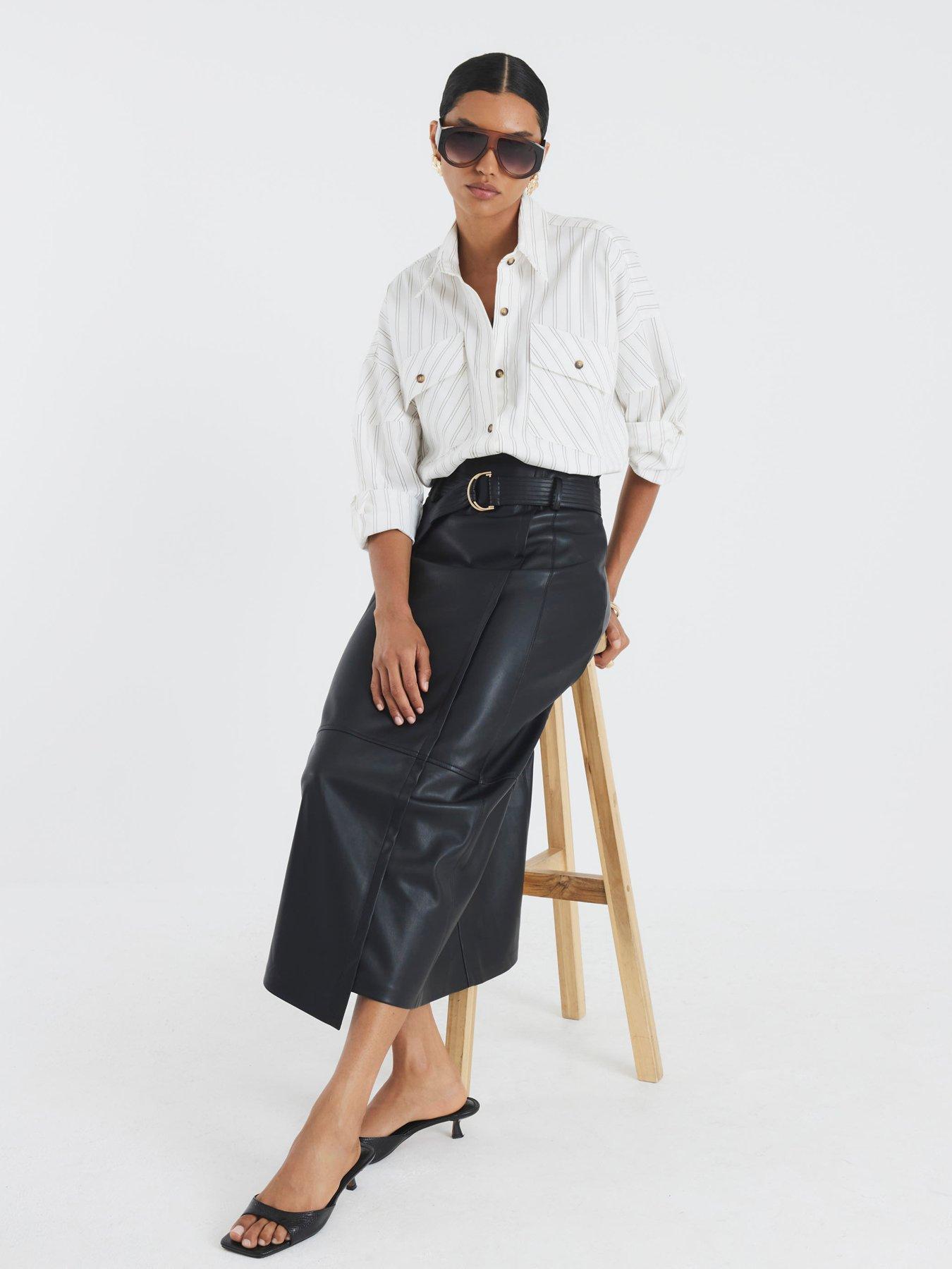 Image 3 of 4 of River Island Faux Leather Belted Wrap Midi Skirt - Black