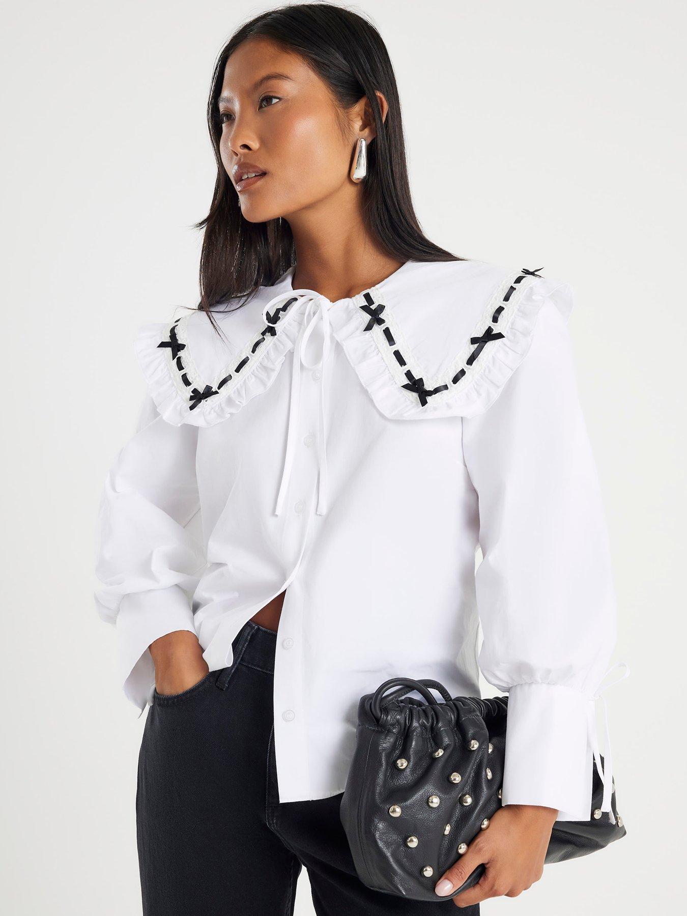 Image 1 of 5 of River Island Petite Poplin Ribbon Trim Collar Shirt - White