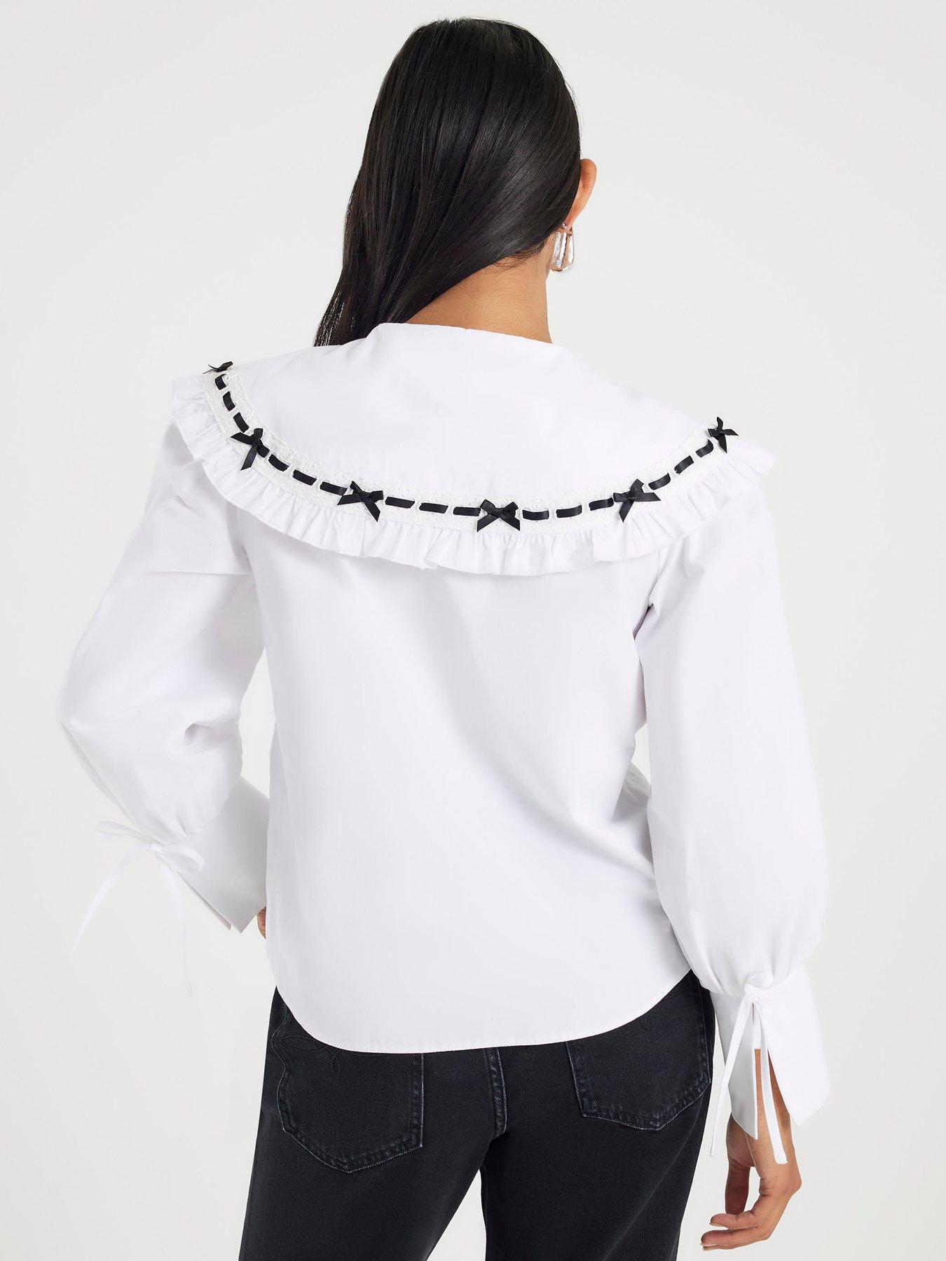Image 2 of 5 of River Island Petite Poplin Ribbon Trim Collar Shirt - White