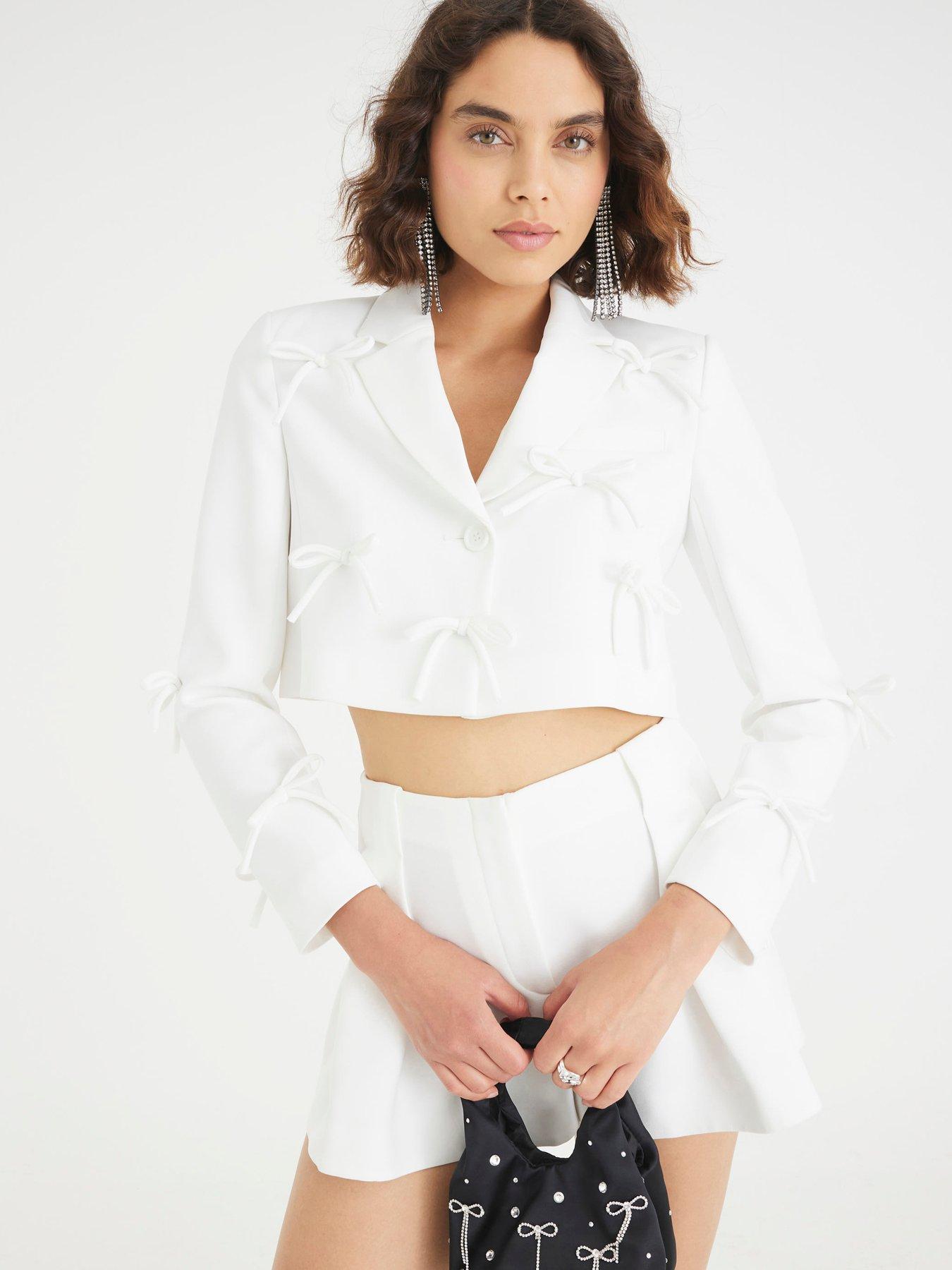 Image 1 of 4 of River Island Bow Front Cropped Blazer - White