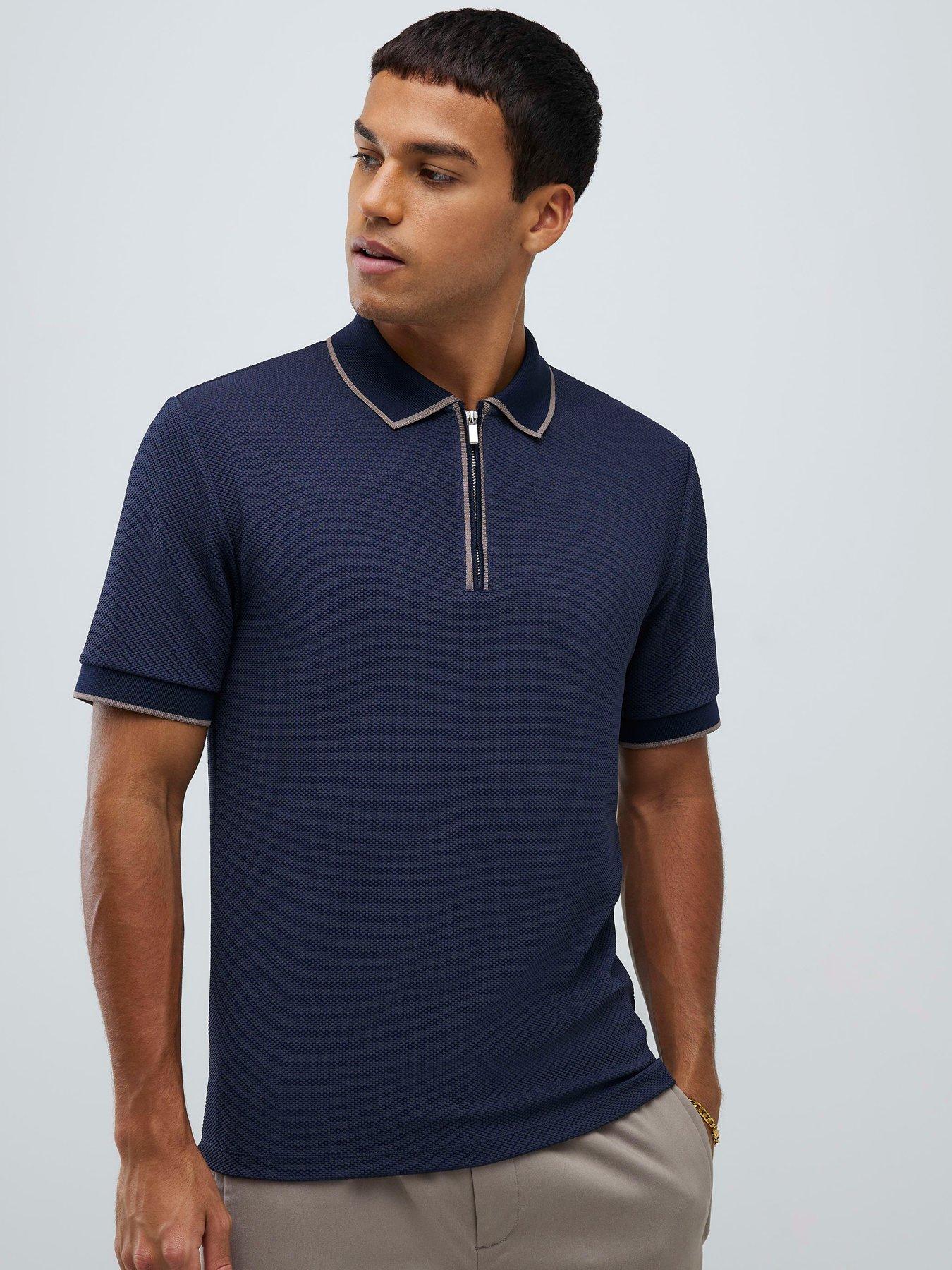  image of river-island-slim-fit-textured-zip-neck-polo-shirt-blue