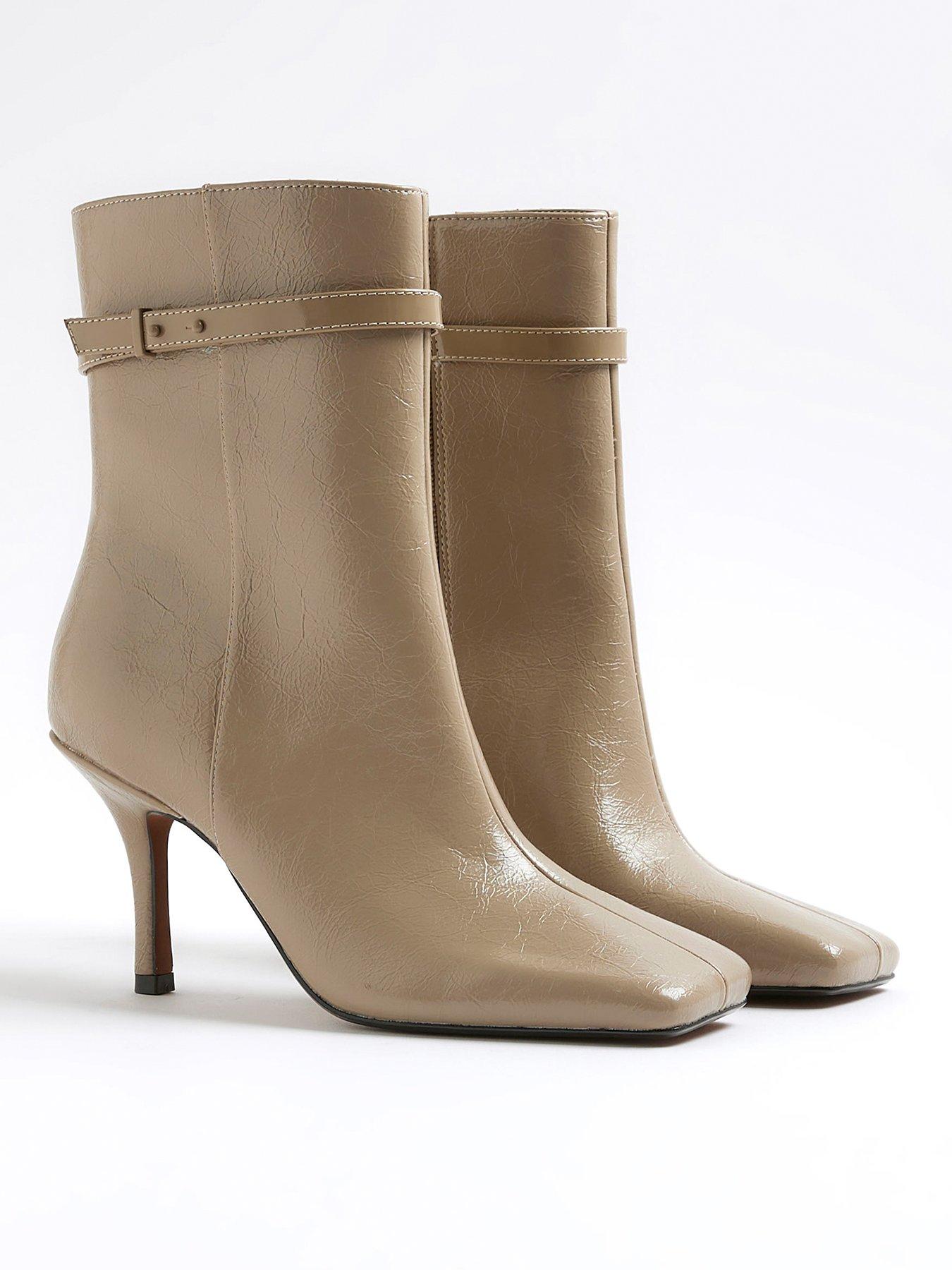 Image 3 of 5 of River Island Square Toe Heeled Ankle Boots - Beige