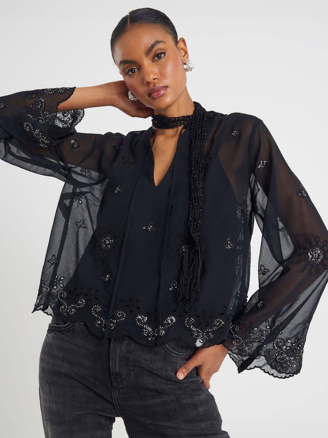 Image 1 of 4 of River Island Long Sleeve Chiffon Cutwork Blouse - Black