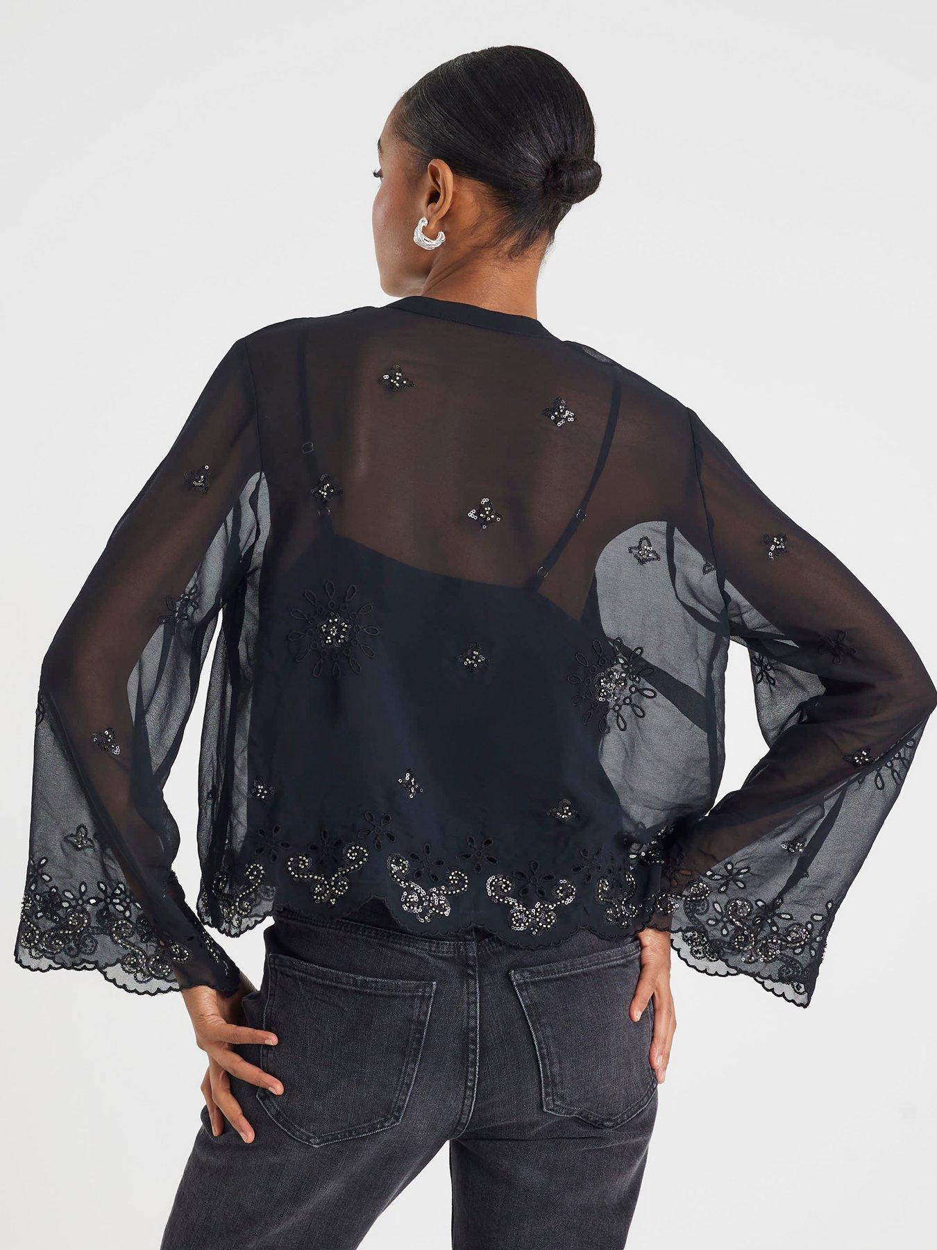 Image 2 of 4 of River Island Long Sleeve Chiffon Cutwork Blouse - Black