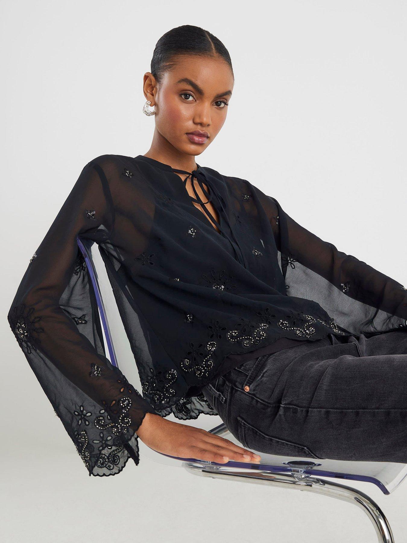 Image 4 of 4 of River Island Long Sleeve Chiffon Cutwork Blouse - Black