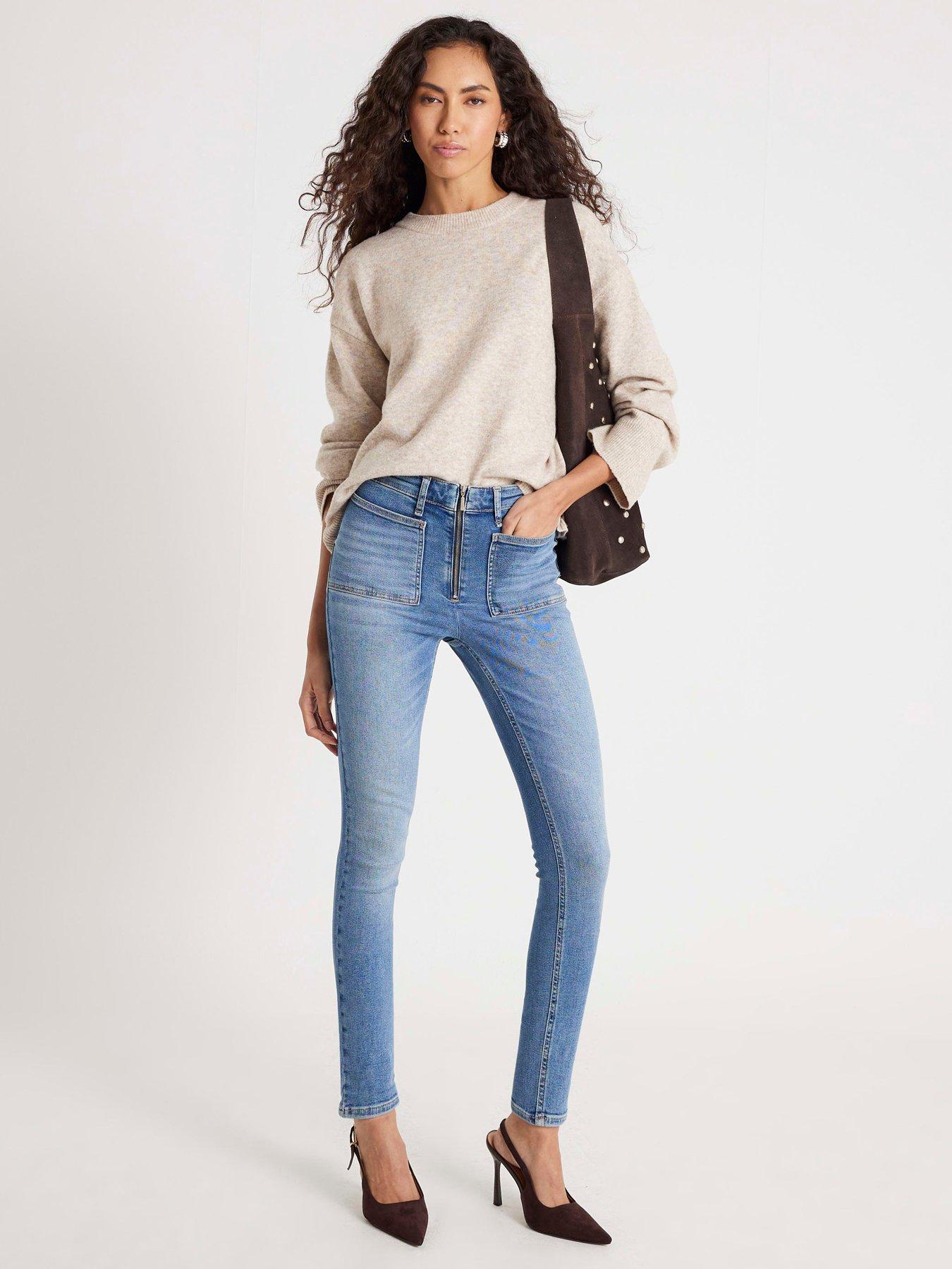 River Island High Rise Zip Front Skinny Jeans - Blue