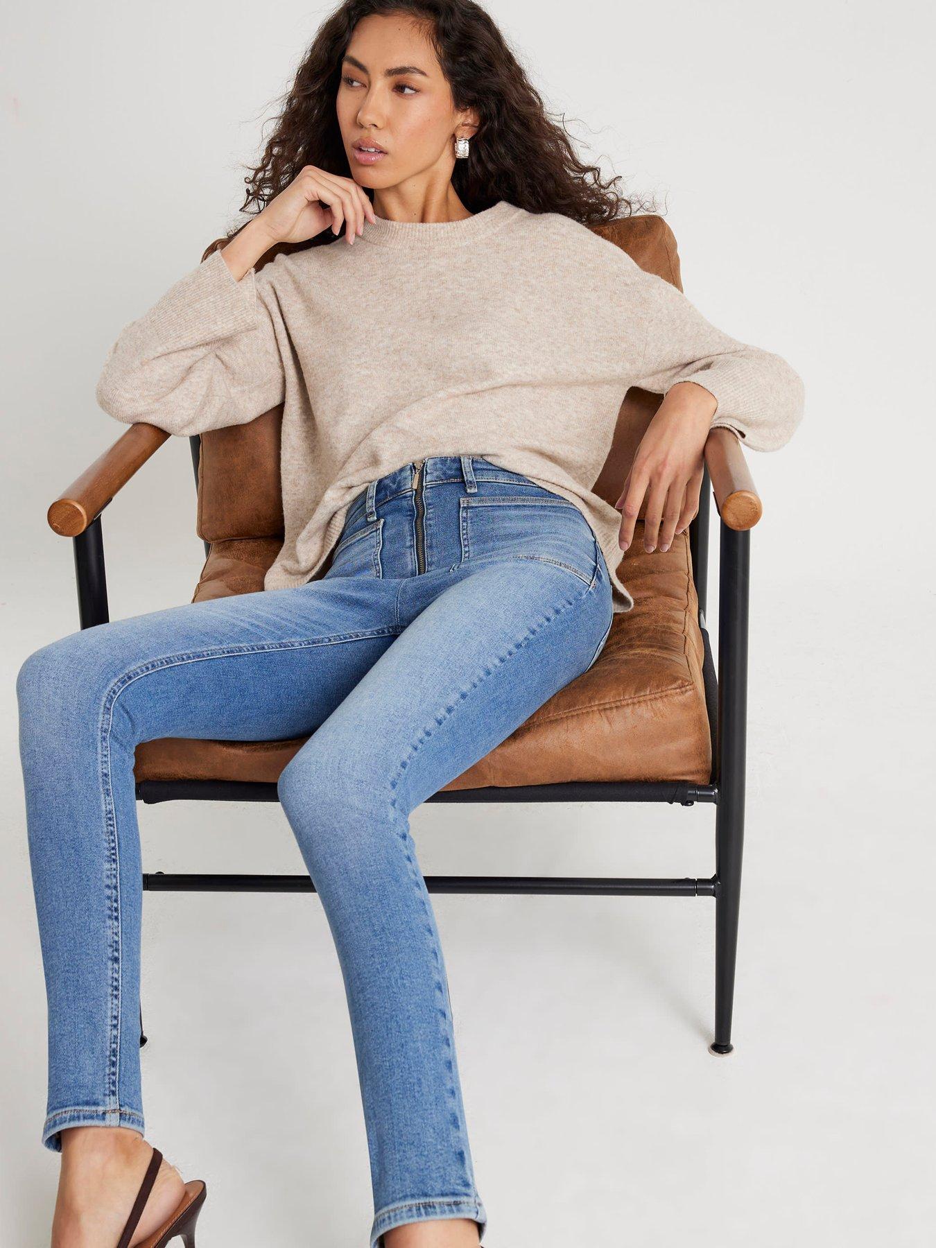 Image 3 of 4 of River Island High Rise Zip Front Skinny Jeans - Blue
