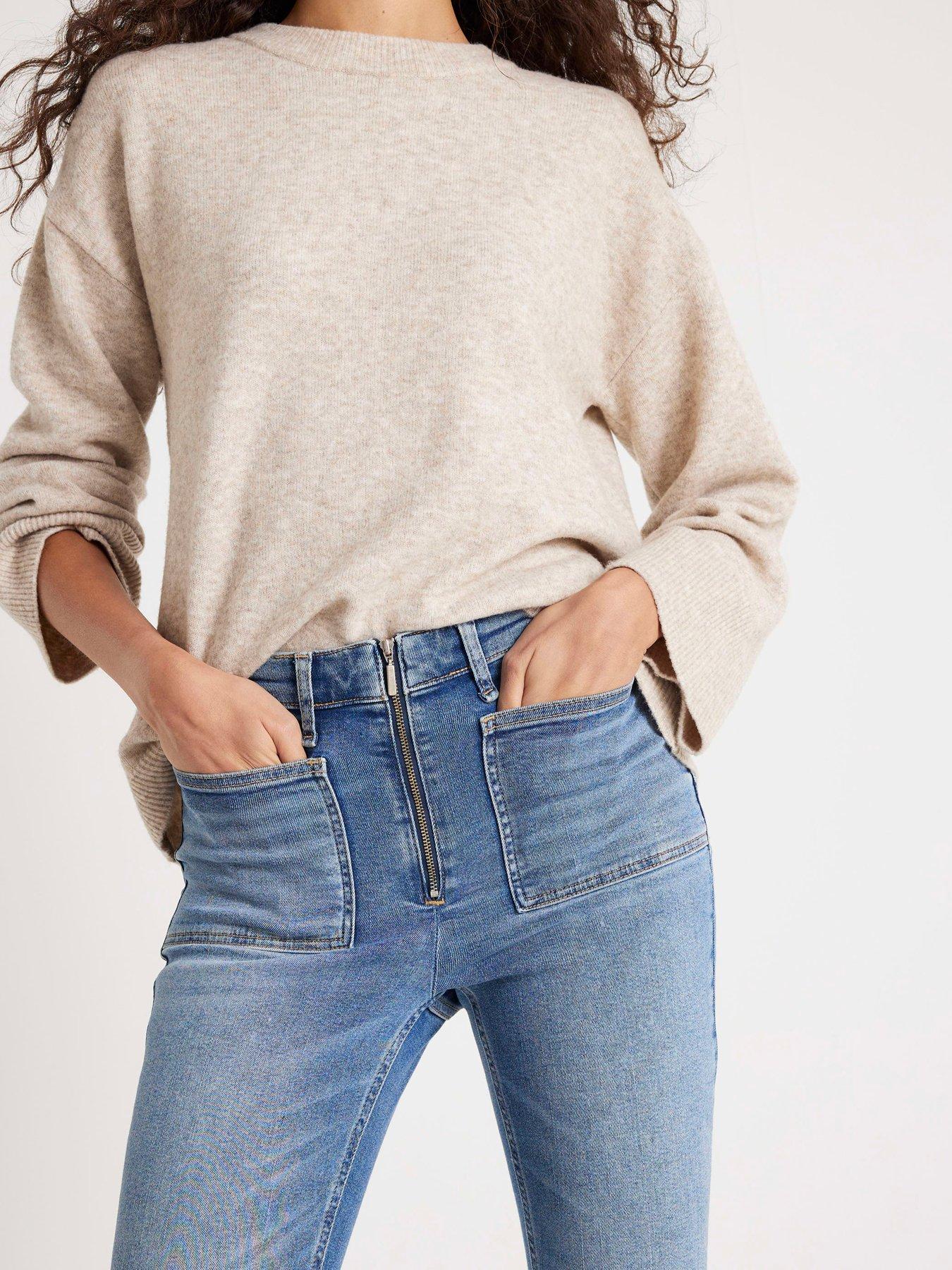 Image 4 of 4 of River Island High Rise Zip Front Skinny Jeans - Blue