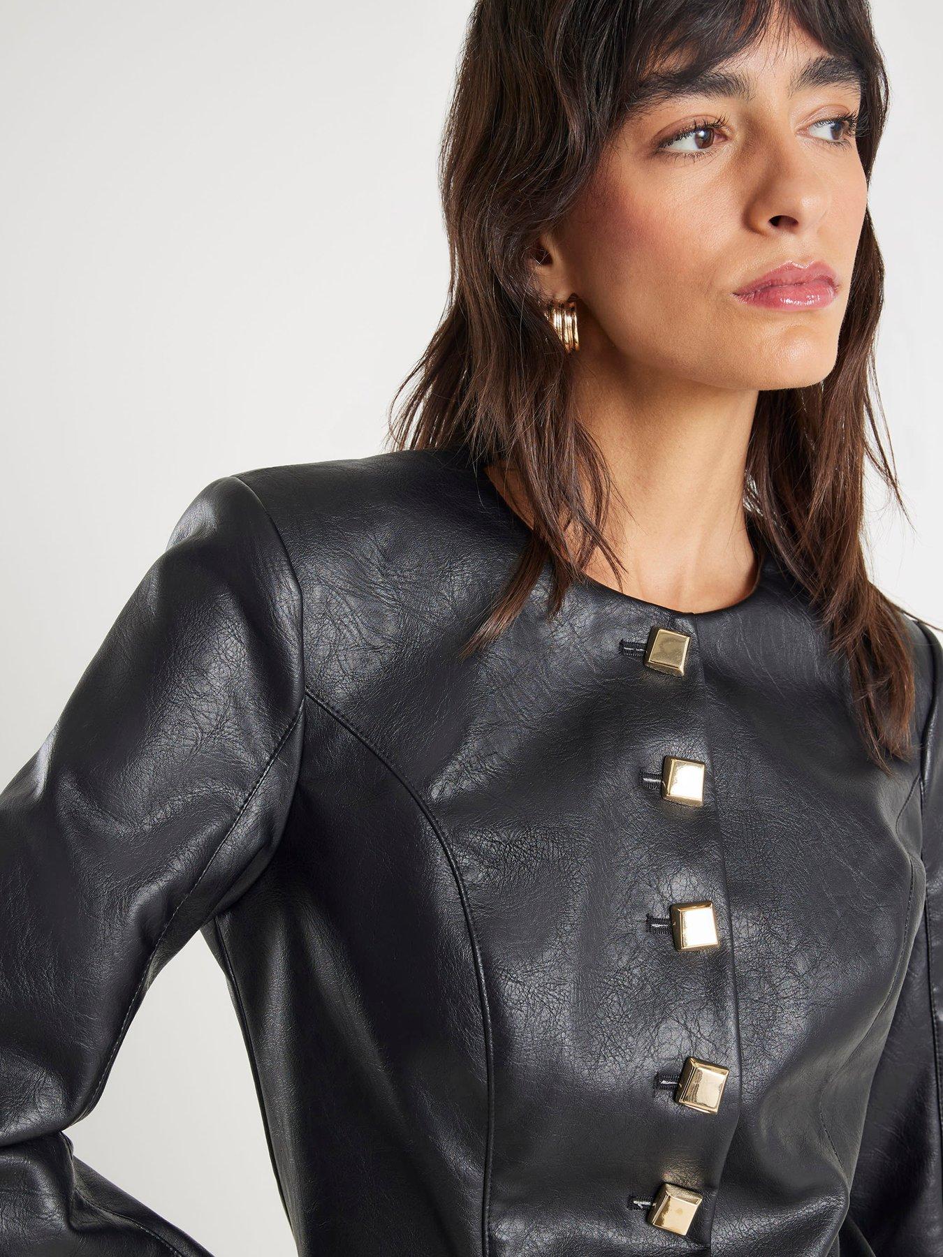 Image 4 of 4 of River Island Faux Leather Long Sleeve Mini Dress - Black