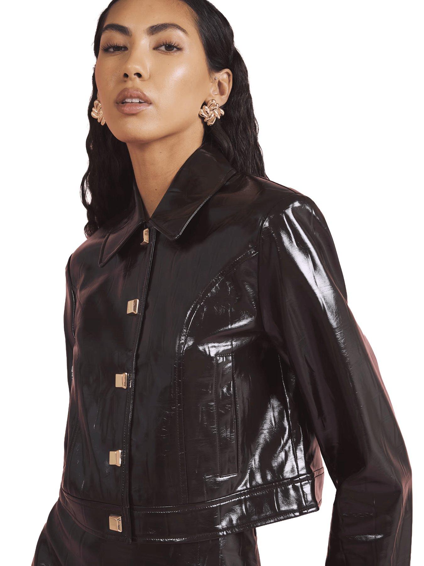  image of river-island-faux-leather-croc-harrington-jacket-brown