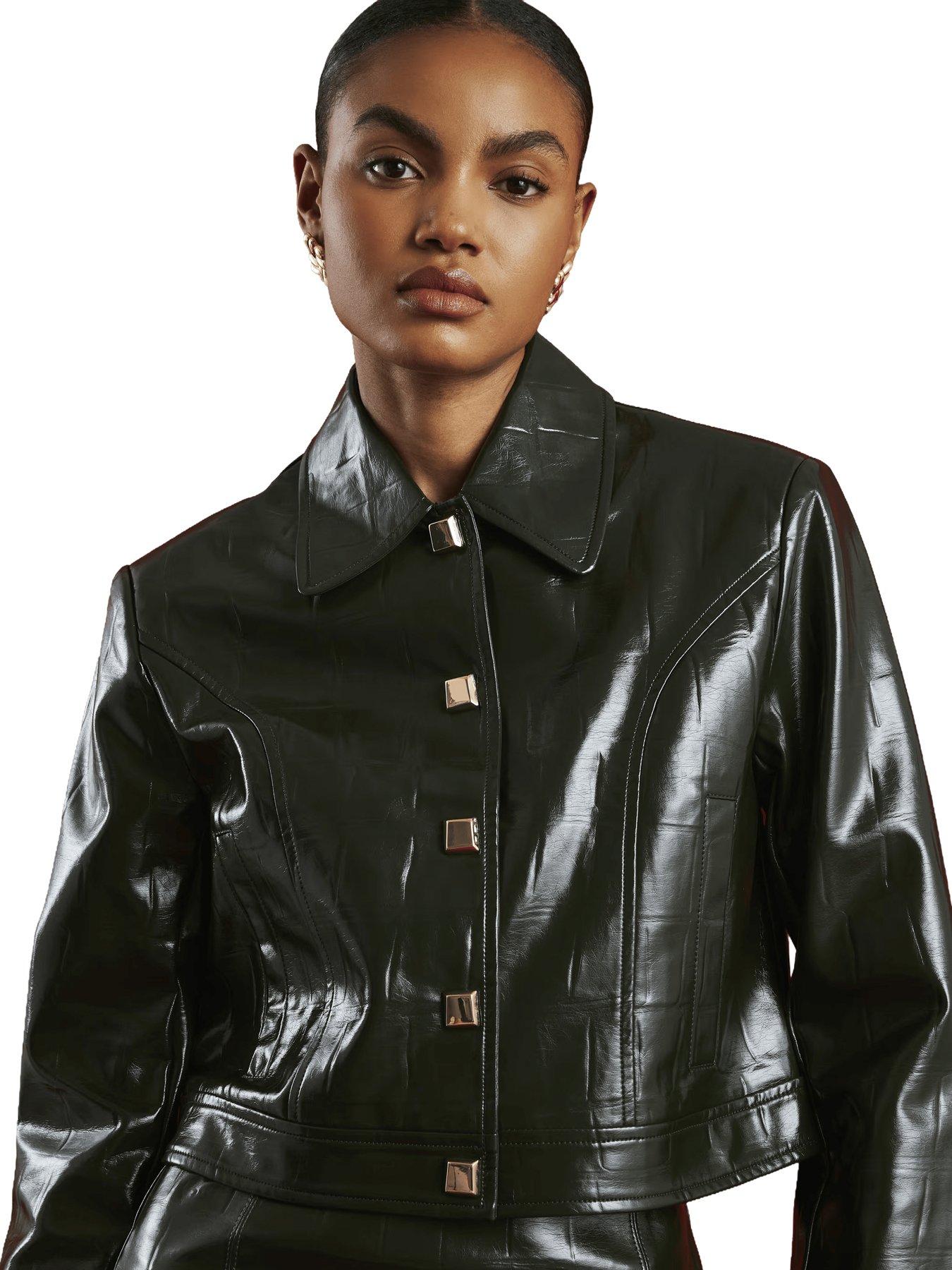  image of river-island-faux-leather-croc-harrington-jacket-green