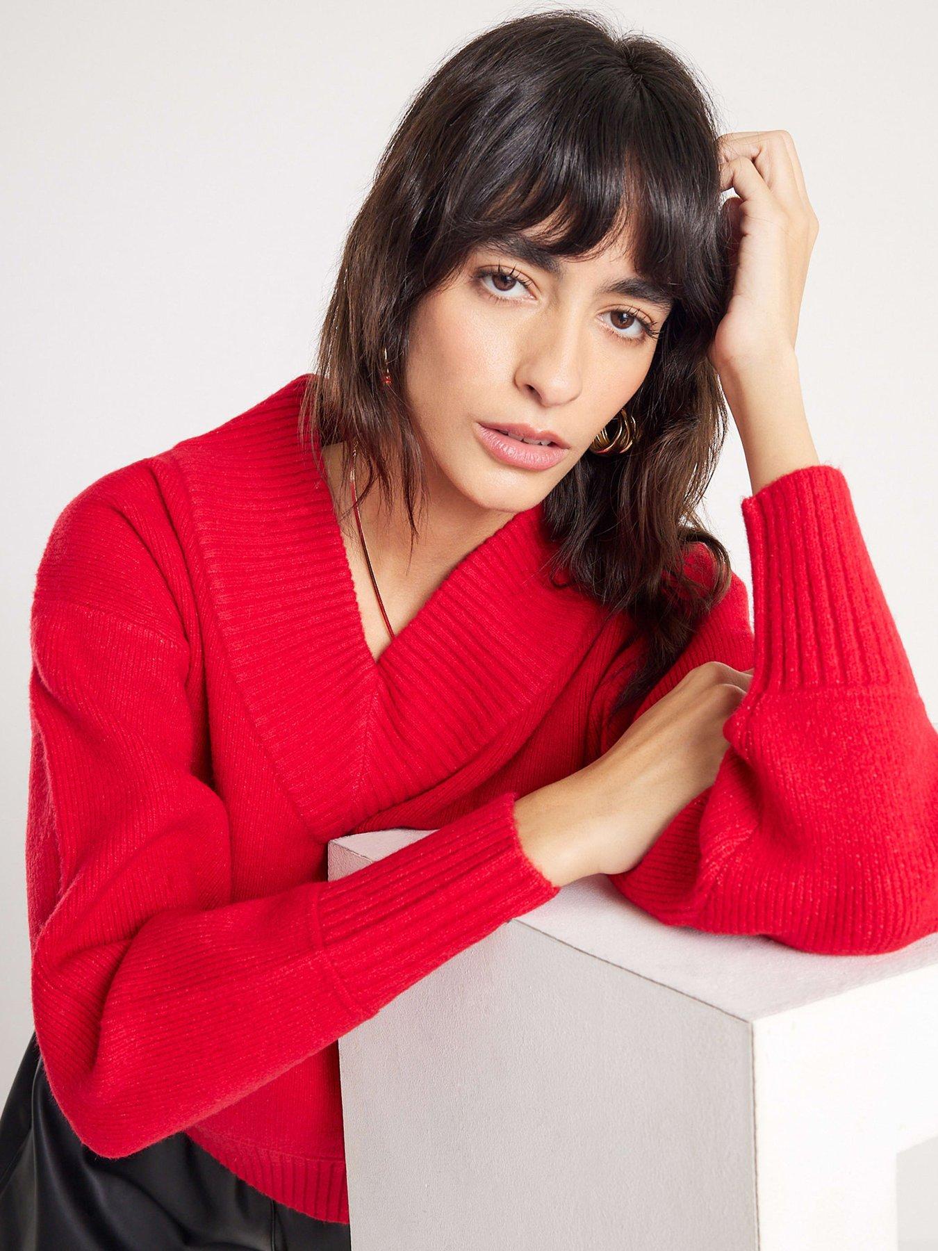 Image 1 of 4 of River Island Knitted V Neck Jumper - Red