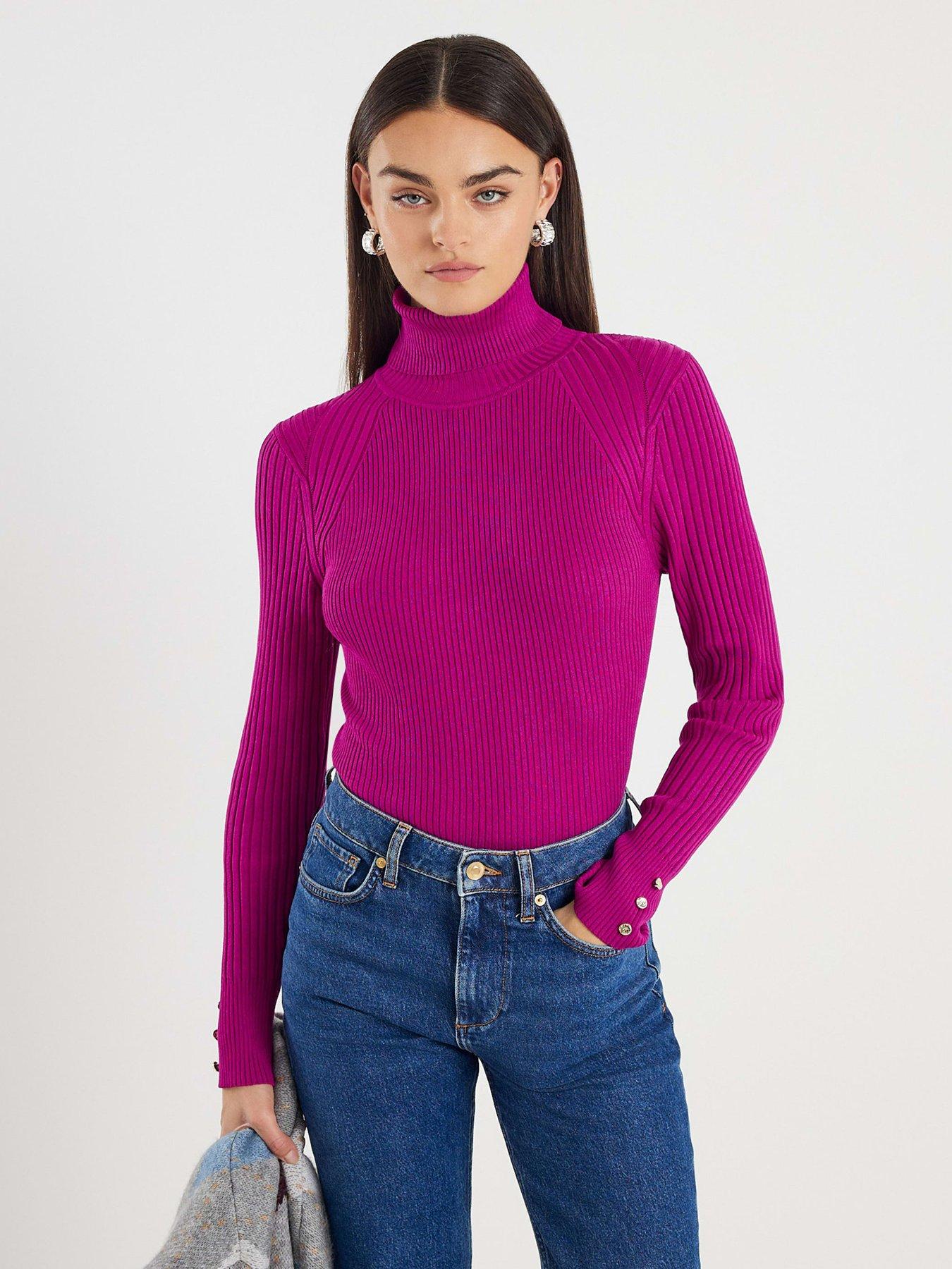  image of river-island-knit-ribbed-roll-neck-top-pink