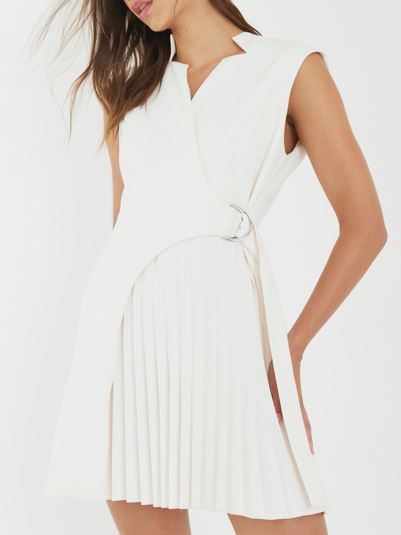front image of river-island-curved-panel-pleated-mini-dress-white