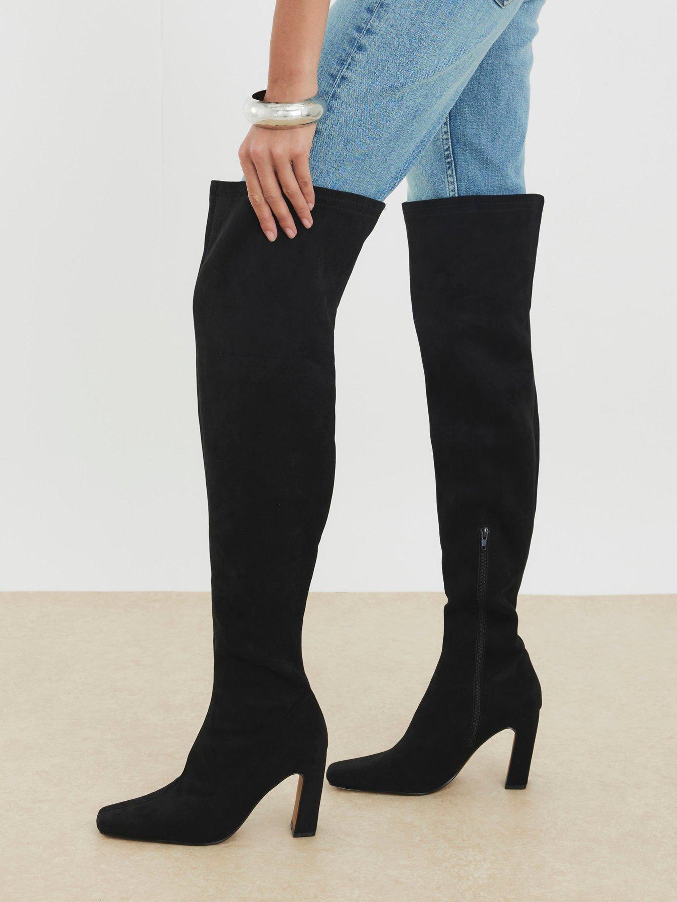 River Island Thigh High Stretch Heeled Boots - Black