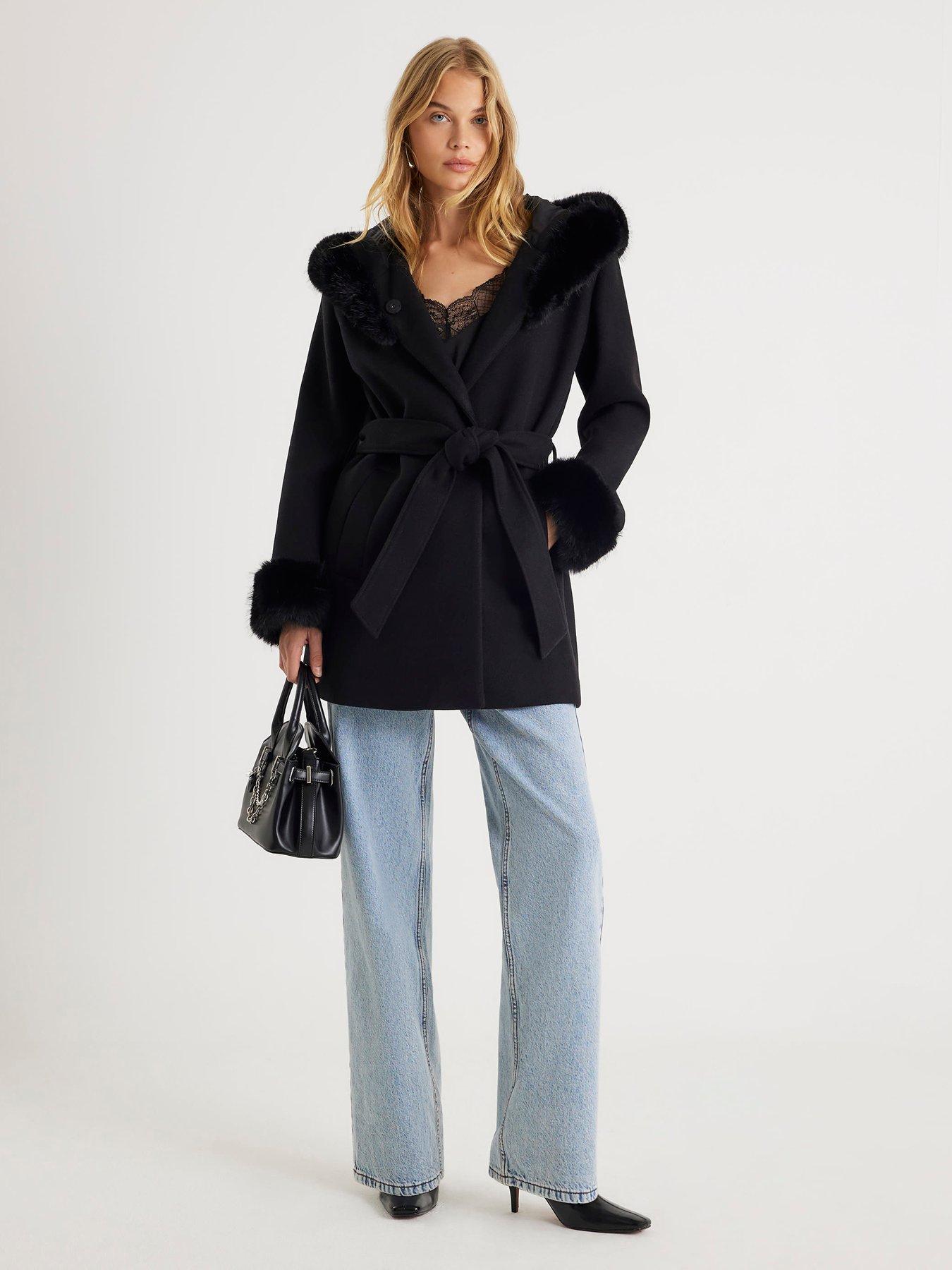 River Island Faux Fur Trim Hooded Coat - Black