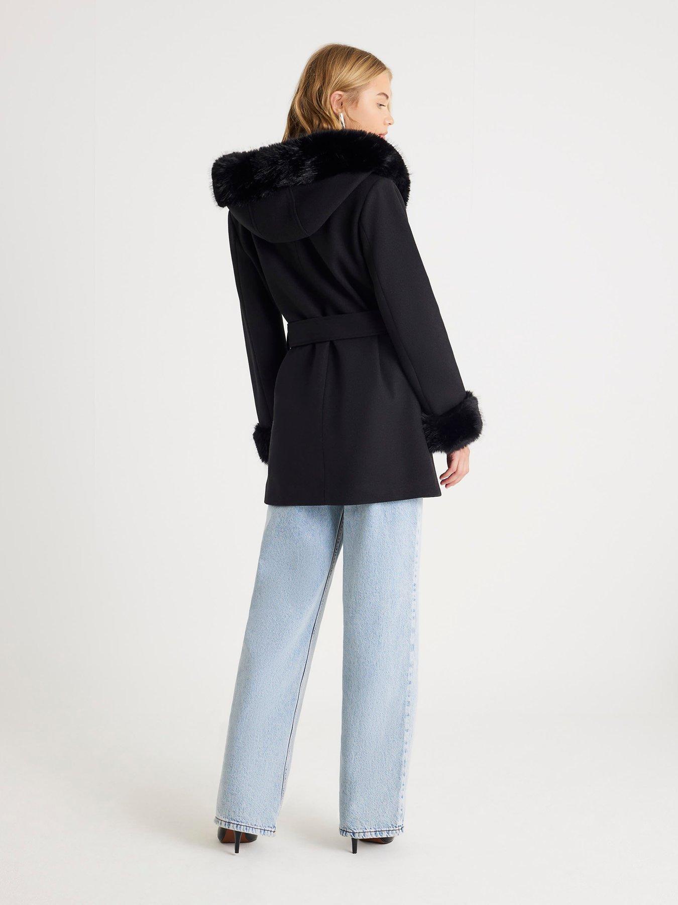  image of river-island-faux-fur-trim-hooded-coat-black