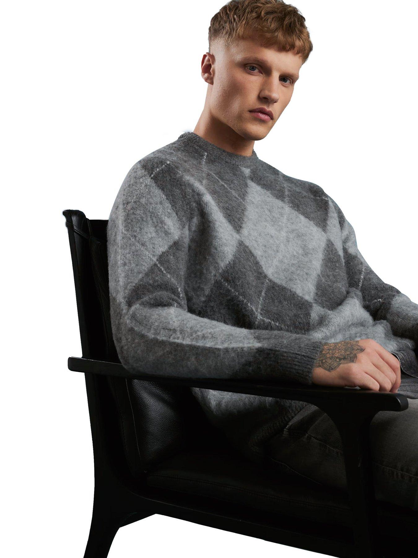 river-island-regular-fit-brushed-argyle-jumper-grey
