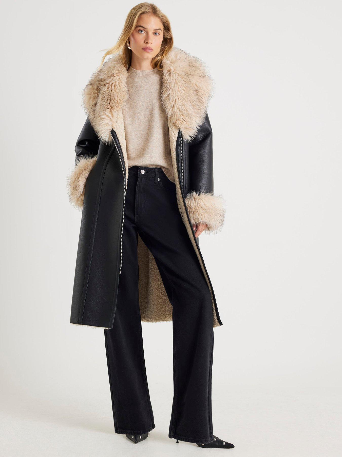  image of river-island-faux-shearling-lined-trench-coat-black
