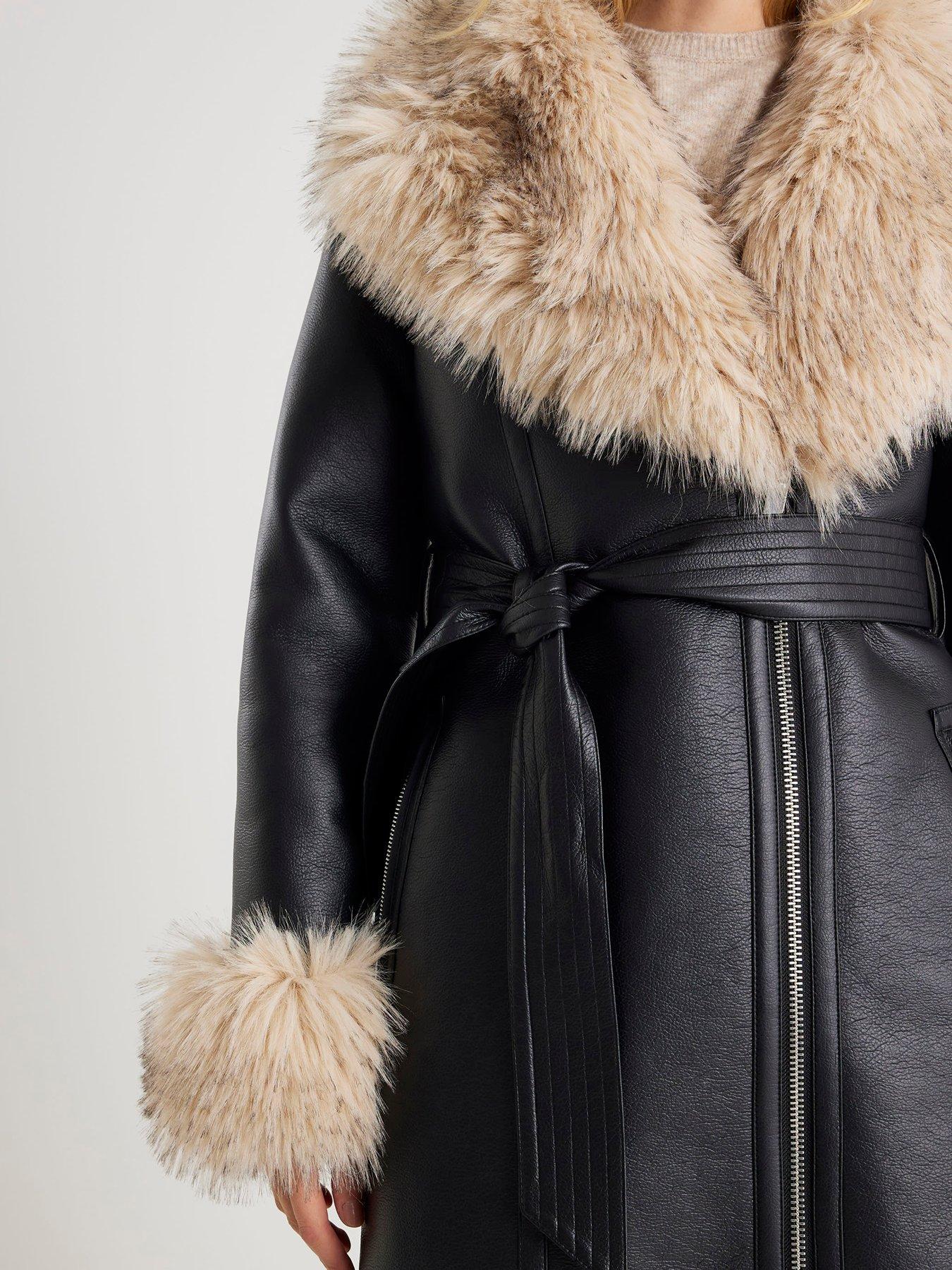  image of river-island-faux-shearling-lined-trench-coat-black