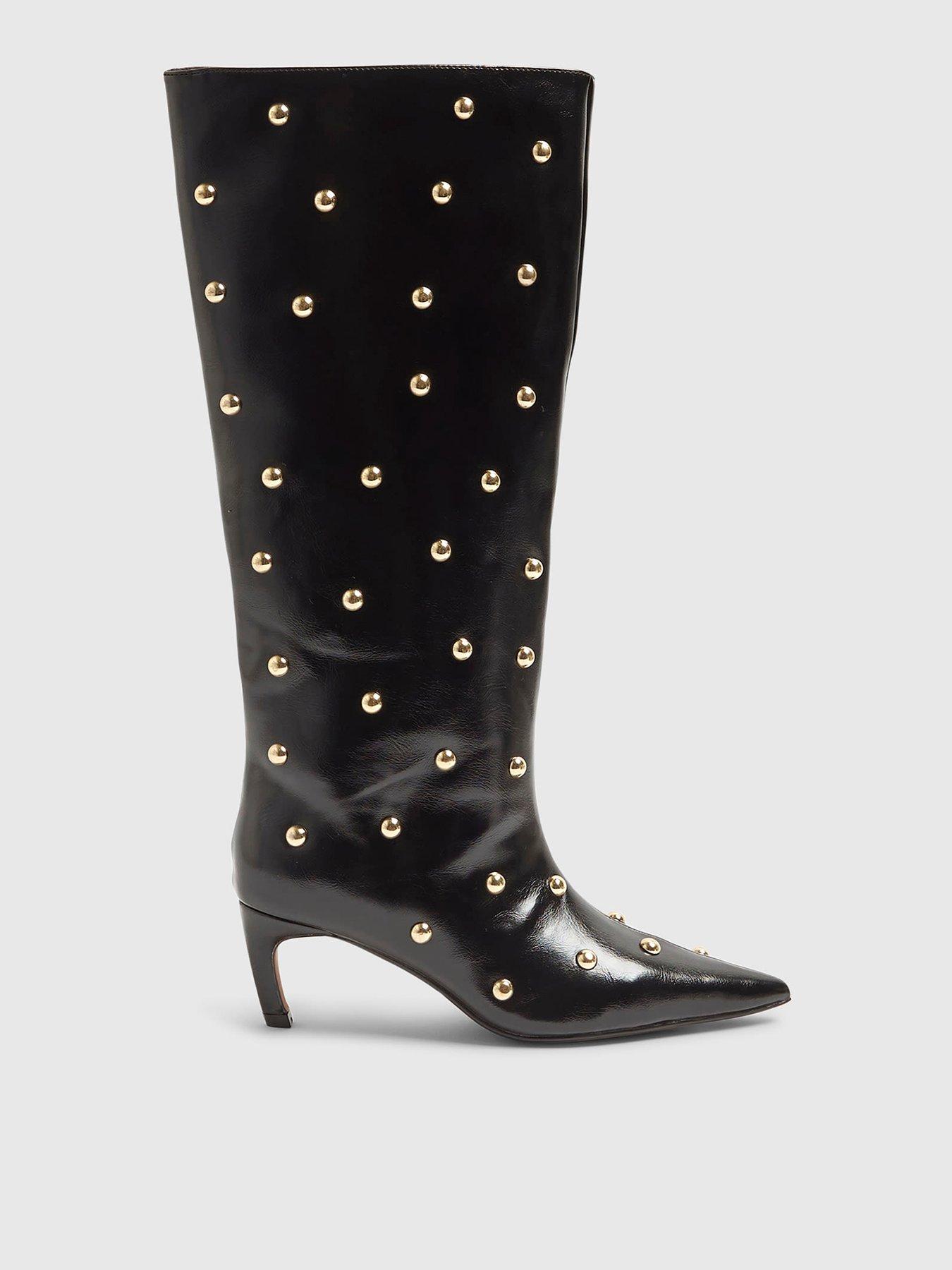 River Island Faux Leather Studded High Leg Boots - Black