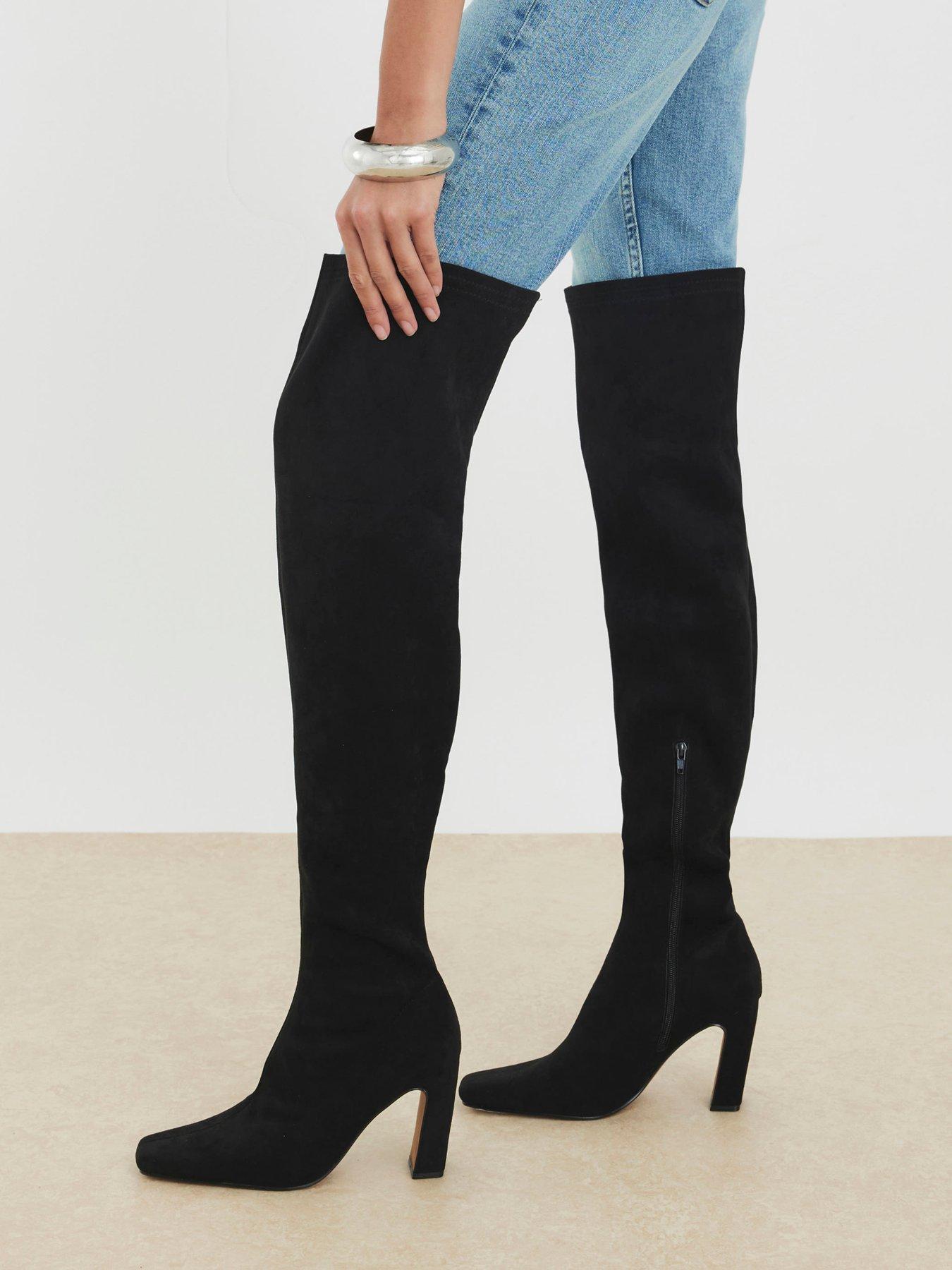  image of river-island-wide-fit-thigh-high-heeled-boots-black