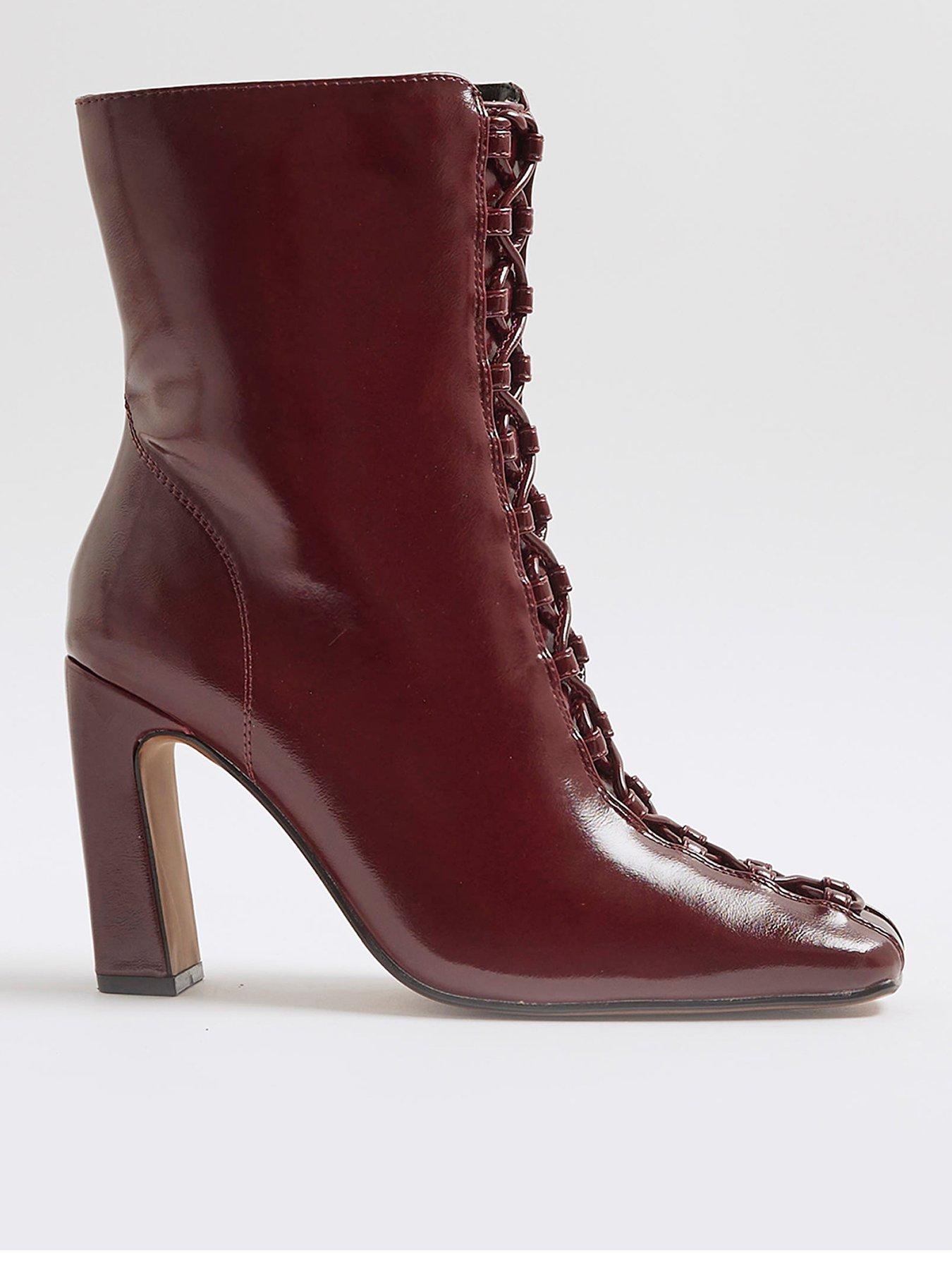 River Island Lace Up Heeled Ankle Boots - Red