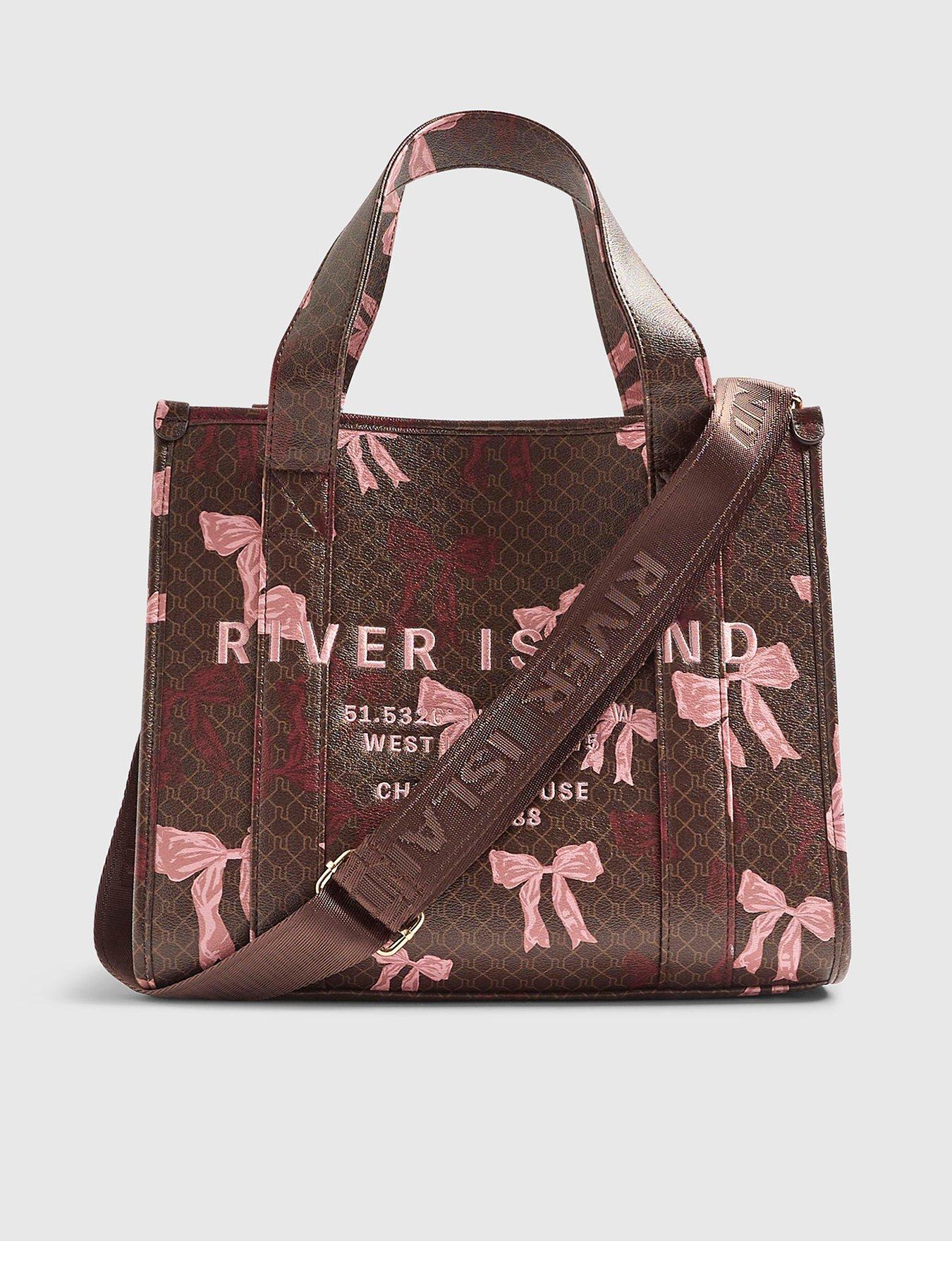Image 1 of 5 of River Island Monogram Print Bow Tote Bag - Brown