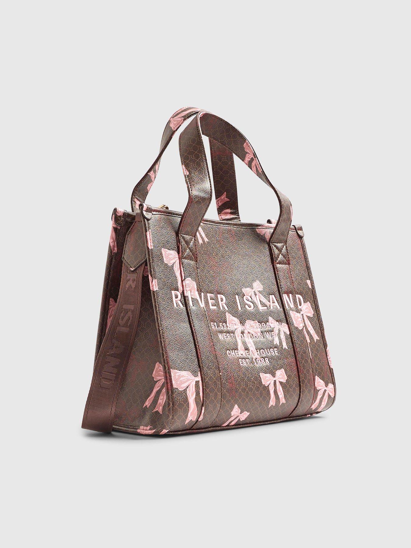Image 2 of 5 of River Island Monogram Print Bow Tote Bag - Brown